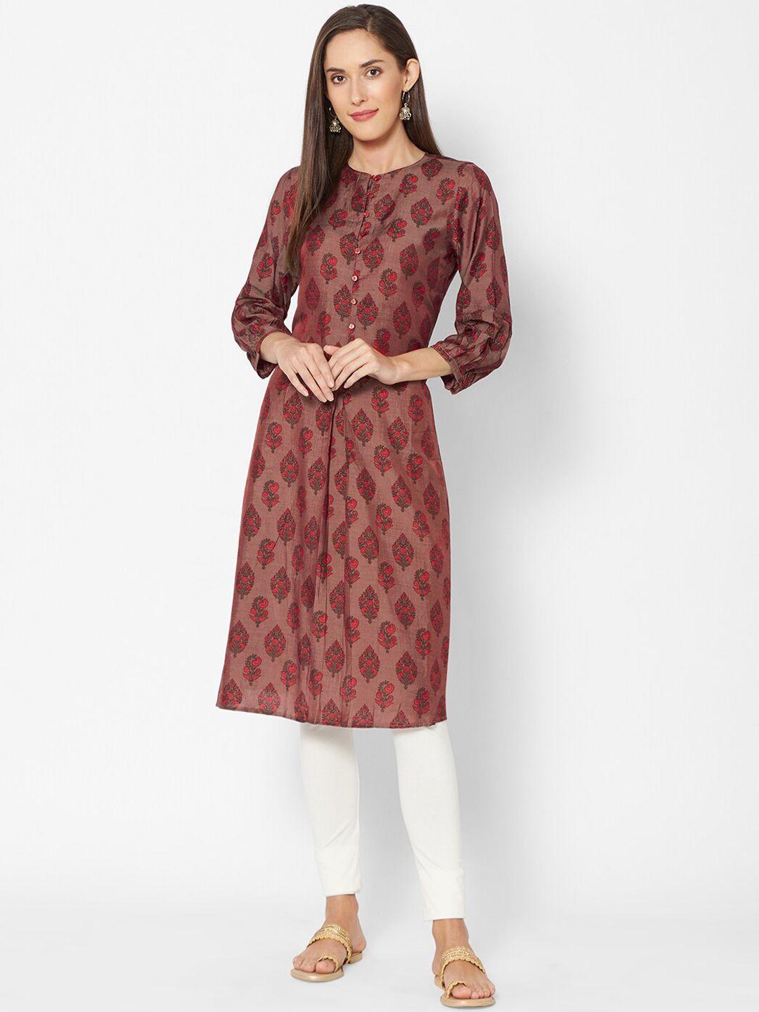 fusion beats women red & mauve printed a-line kurta