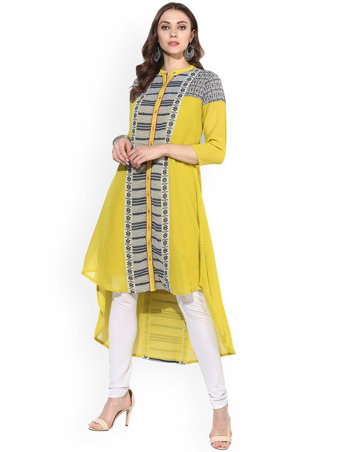 fusion beats women yellow asymmetric printed a-line kurta