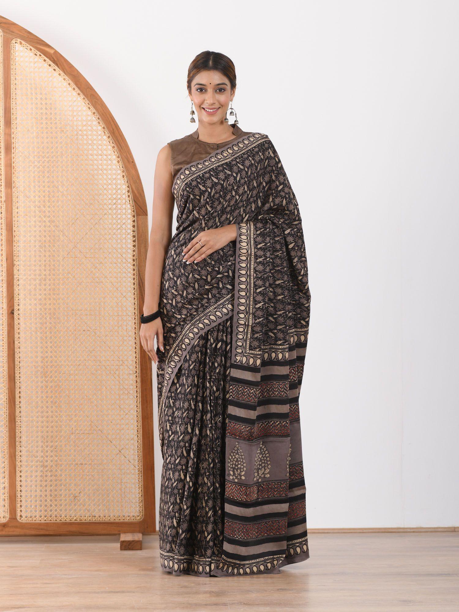 fusion black block printed modal satin saree with unstitched blouse