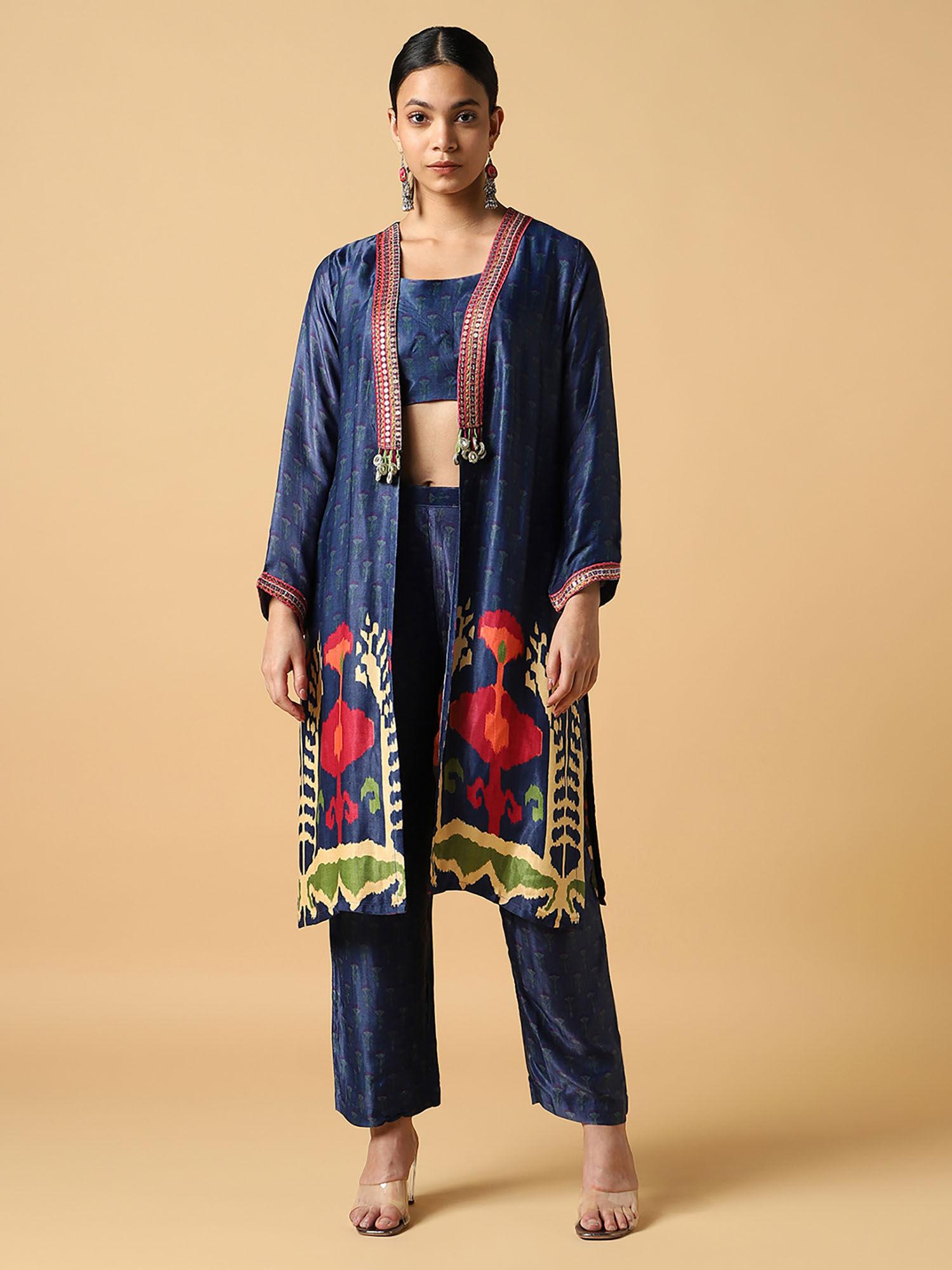 fusion blue printed wear crop top and pants with jacket (set of 3)