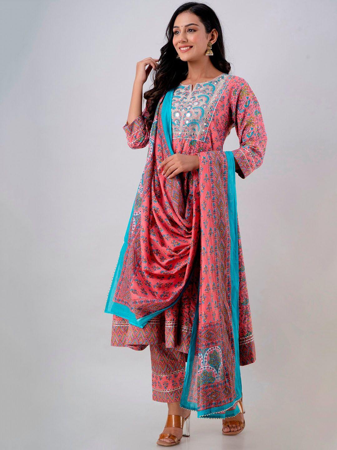 fusion threads floral printed mirror work pure cotton kurta with trousers & with dupatta