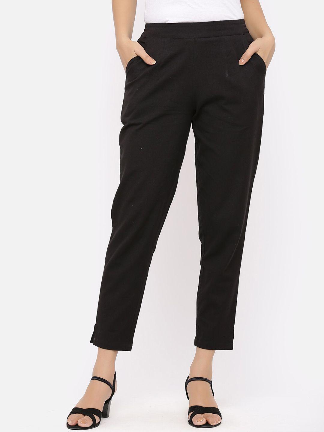 fusion threads women black cotton trousers