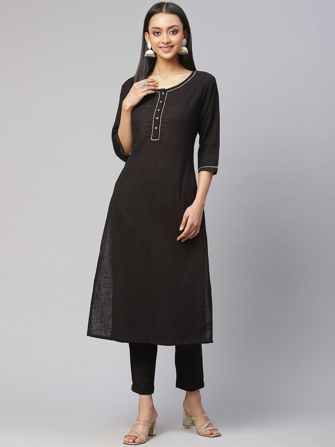 fusion threads women black embroidered detail pure cotton kurta with trousers