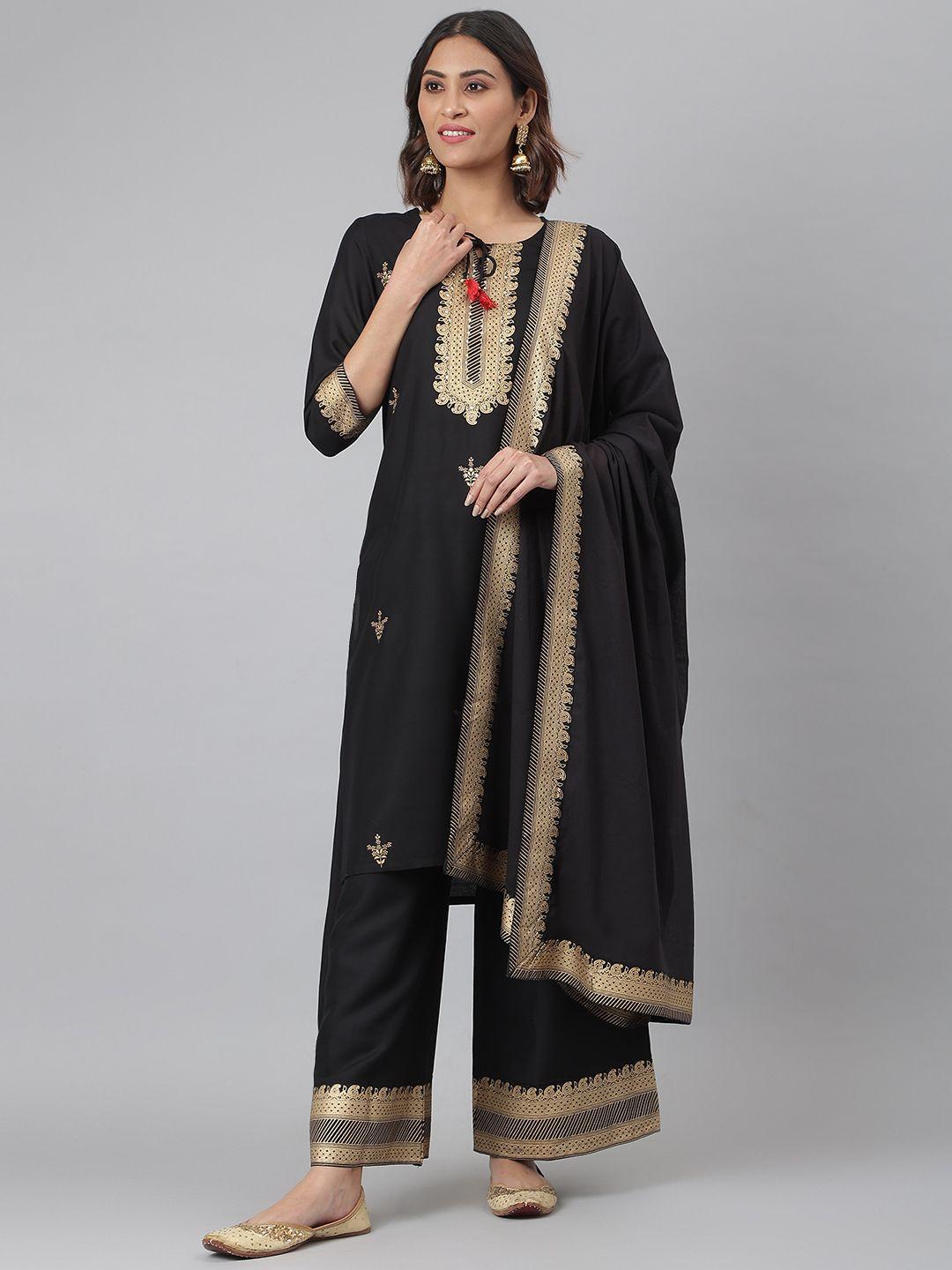 fusion threads women black ethnic printed kurta with palazzos & dupatta