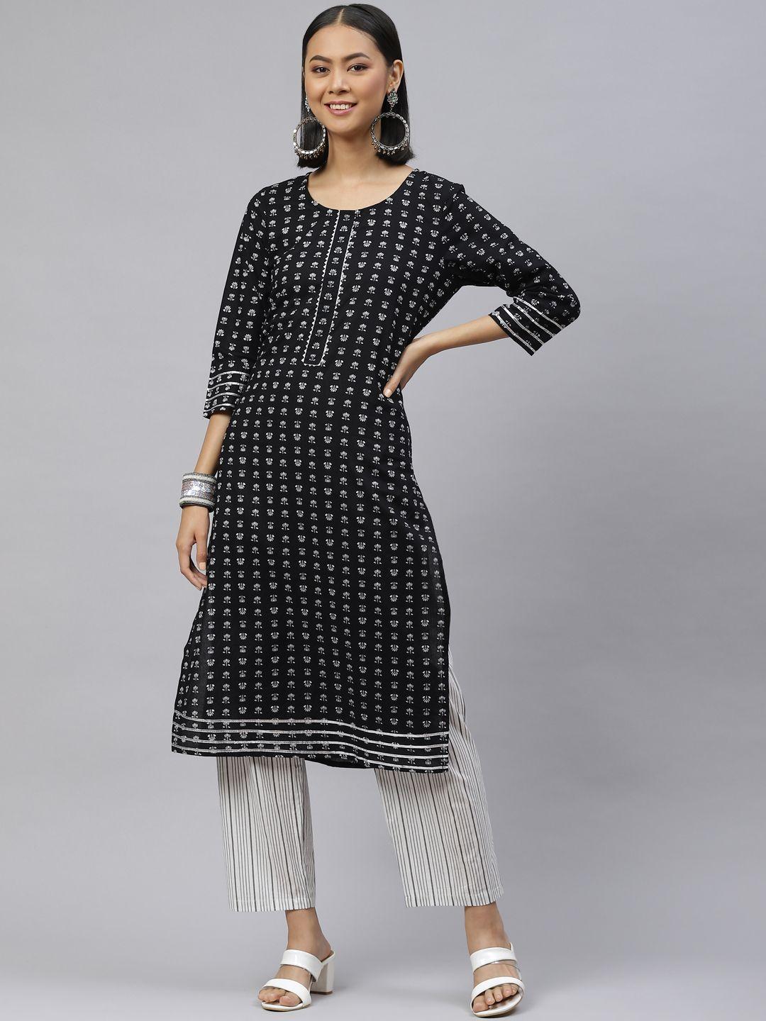 fusion threads women black floral printed pure cotton kurta with palazzos