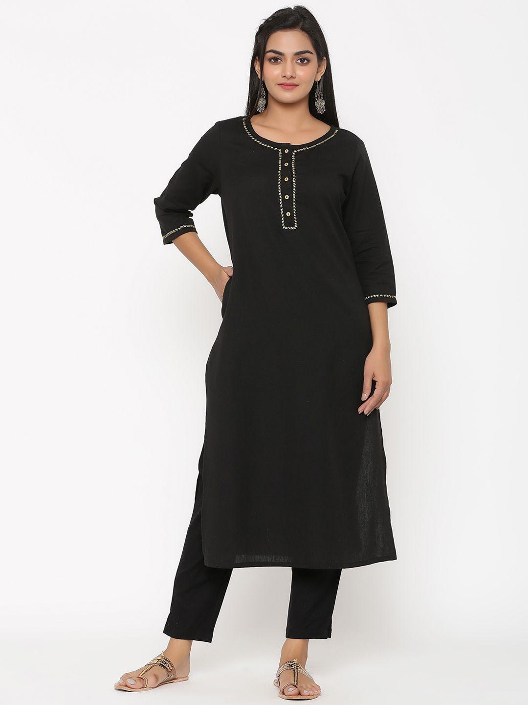 fusion threads women black pure cotton kurta with trousers