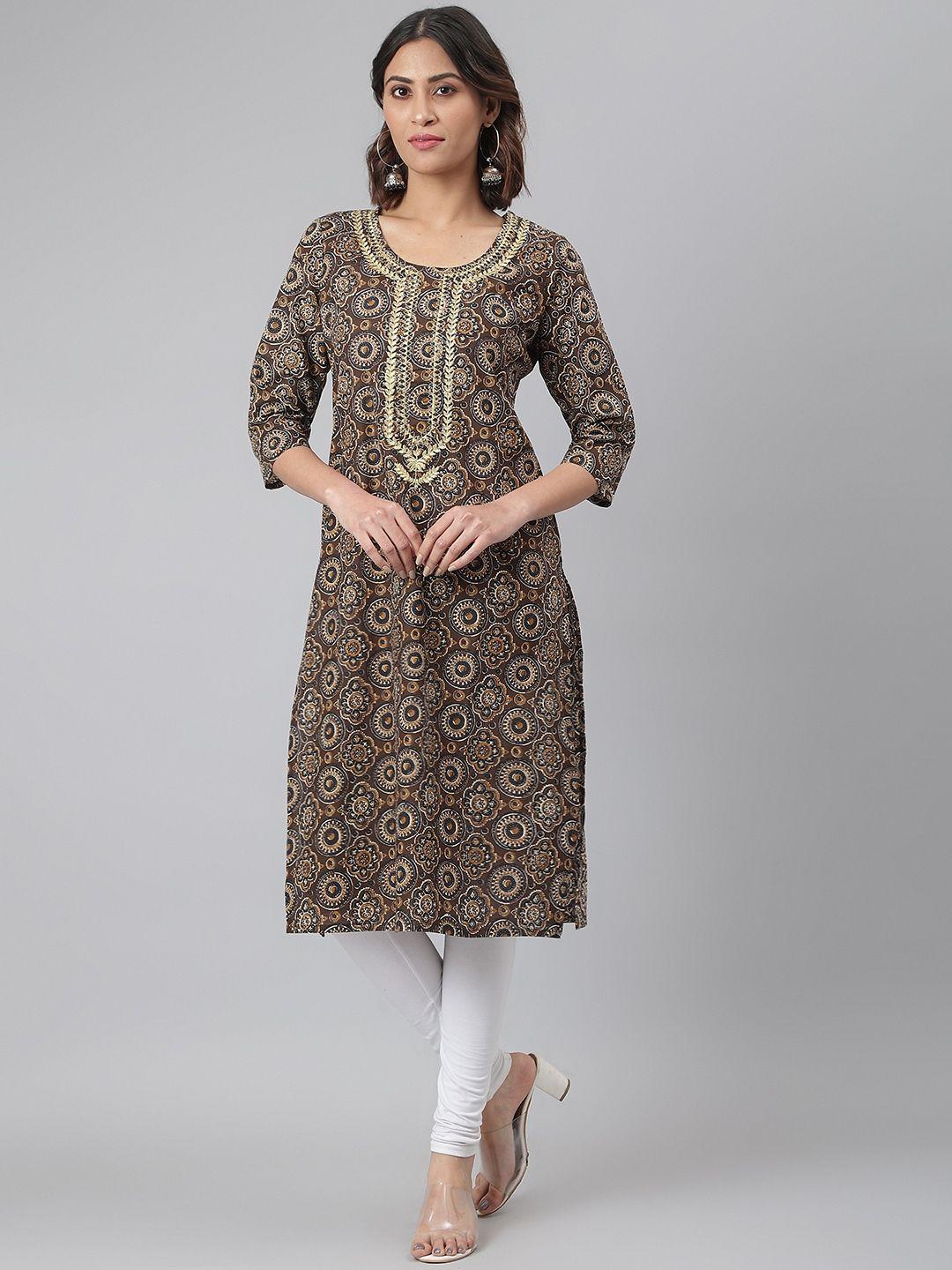 fusion threads women brown ethnic motifs printed pure cotton kurta