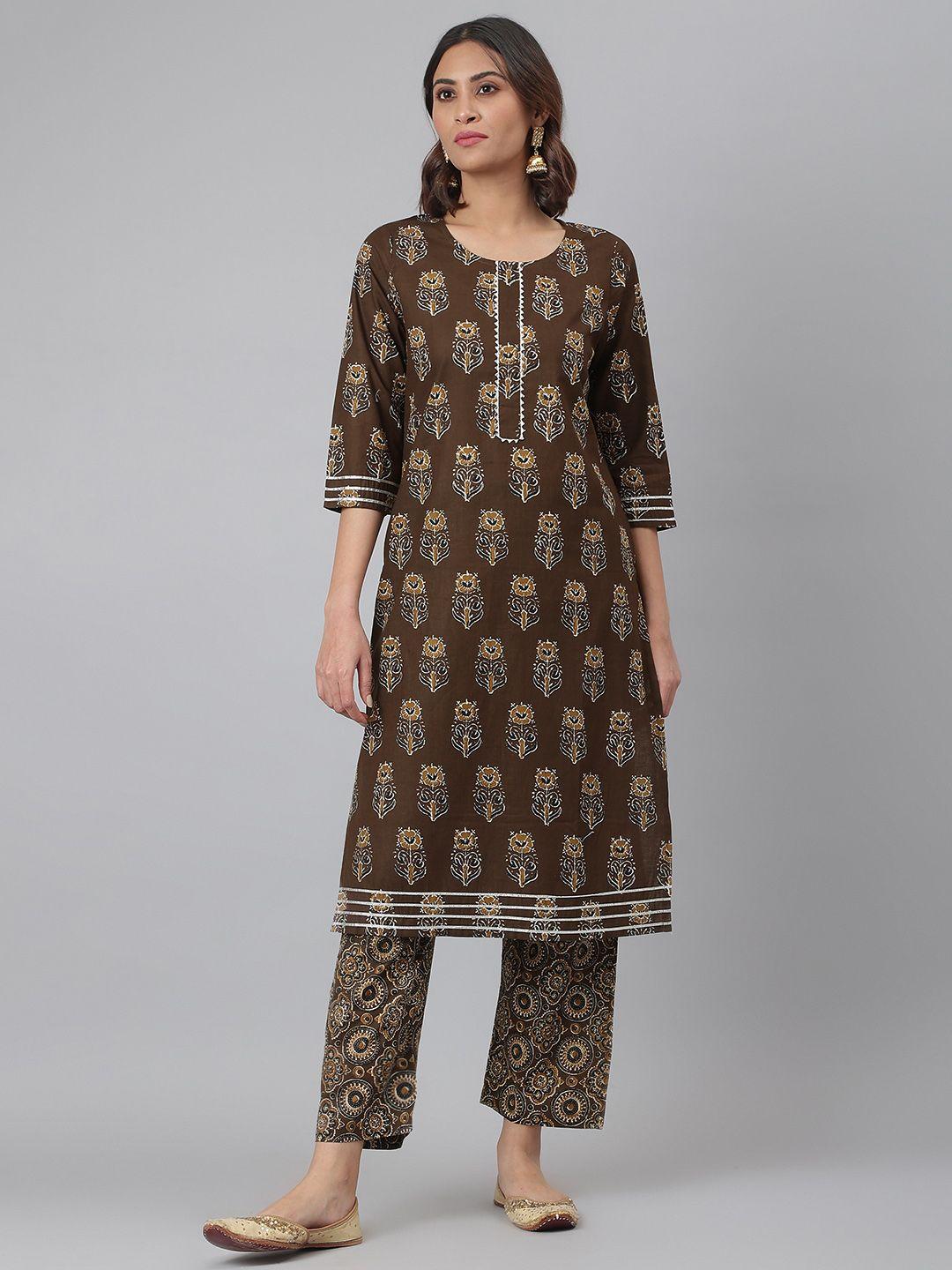 fusion threads women brown ethnic printed gotta patti pure cotton kurta with trousers
