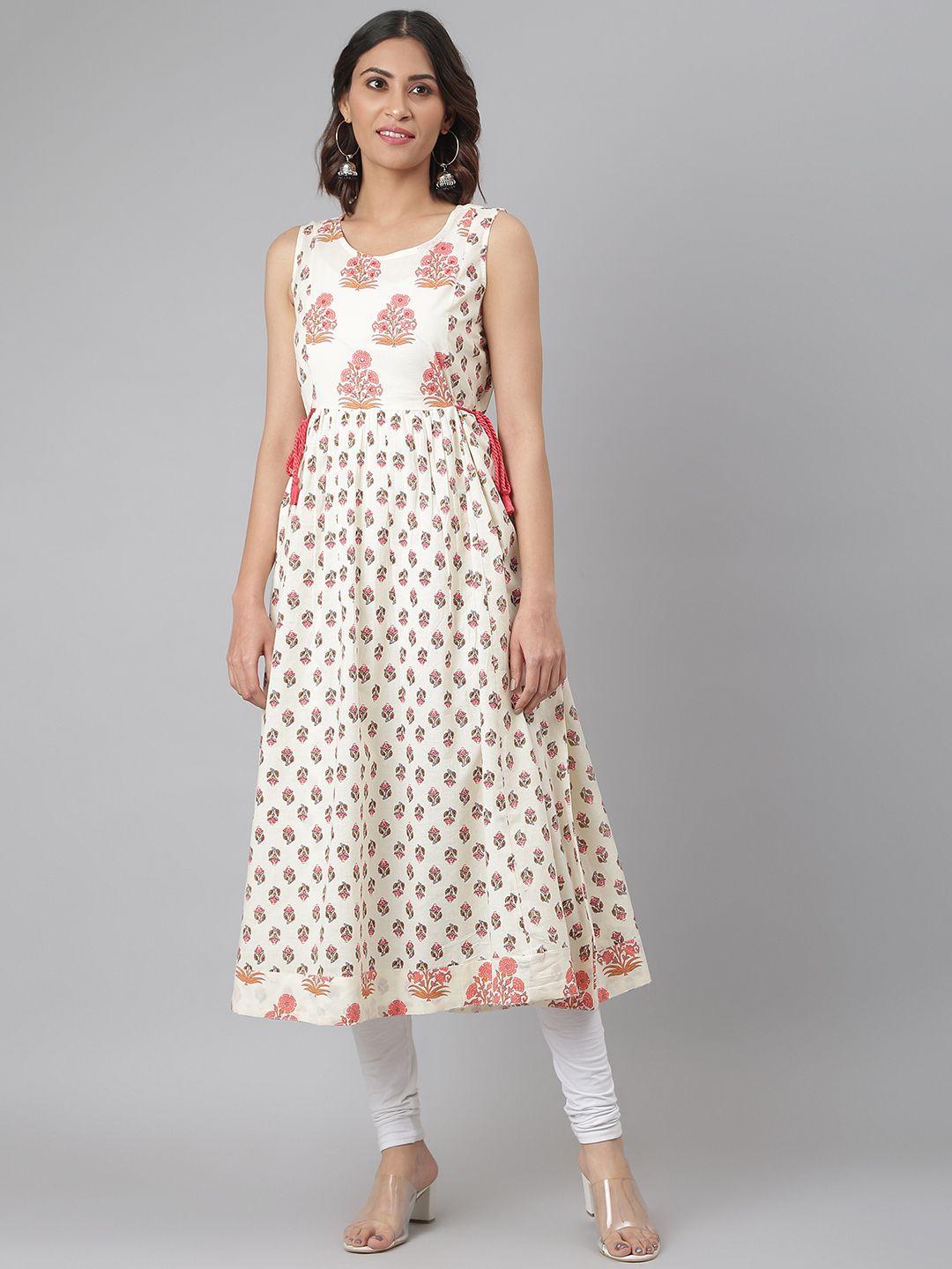 fusion threads women cream-coloured & pink ethnic motifs printed pure cotton kurta