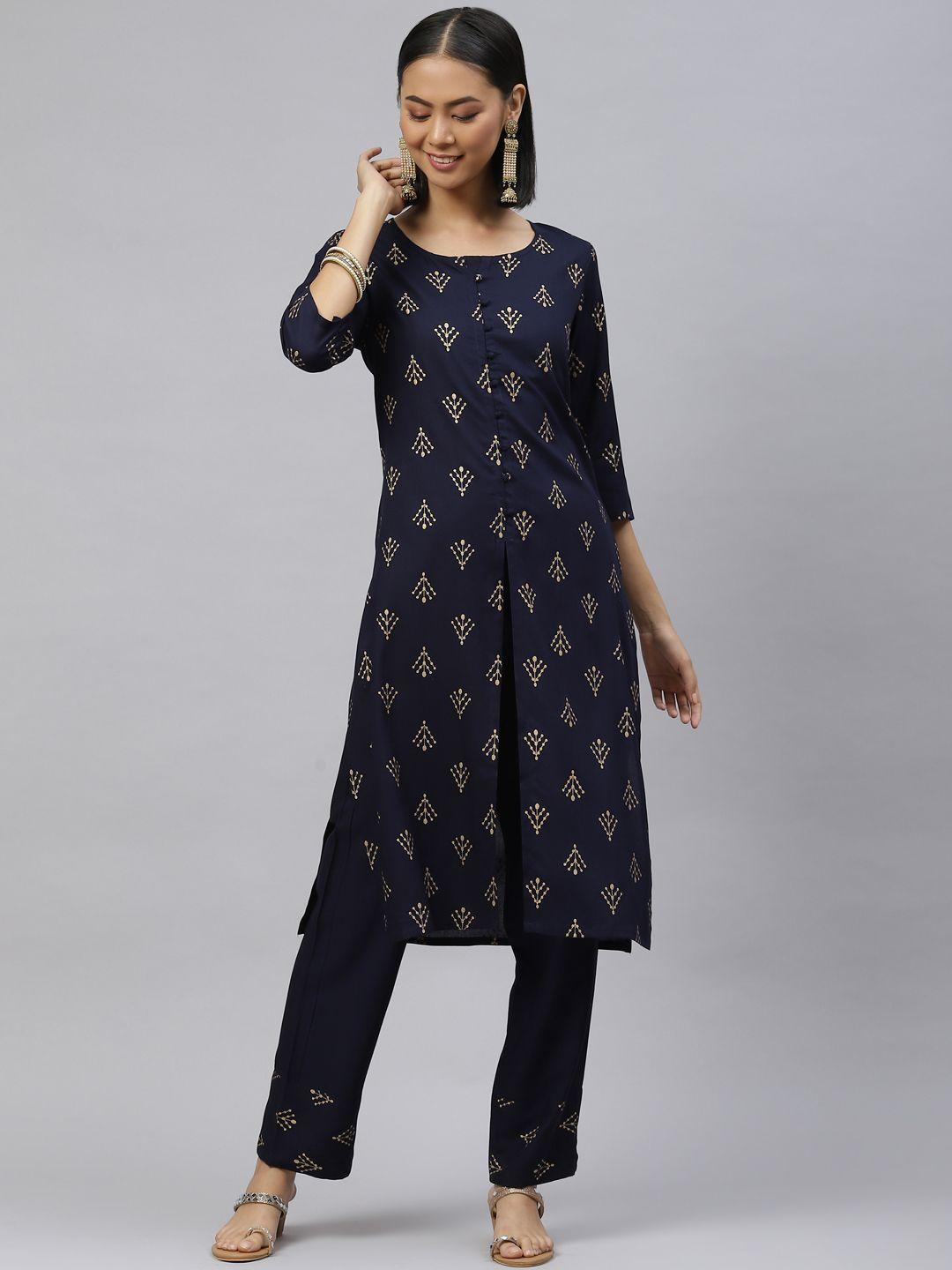 fusion threads women navy blue ethnic motifs printed kurta with palazzos