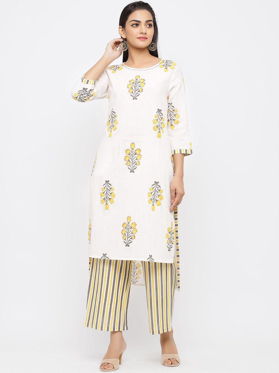 fusion threads women off white & yellow printed pure cotton kurta with trousers