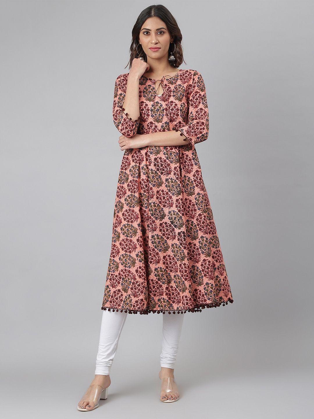 fusion threads women peach-coloured & brown ethnic motifs printed pure cotton ???????kurta