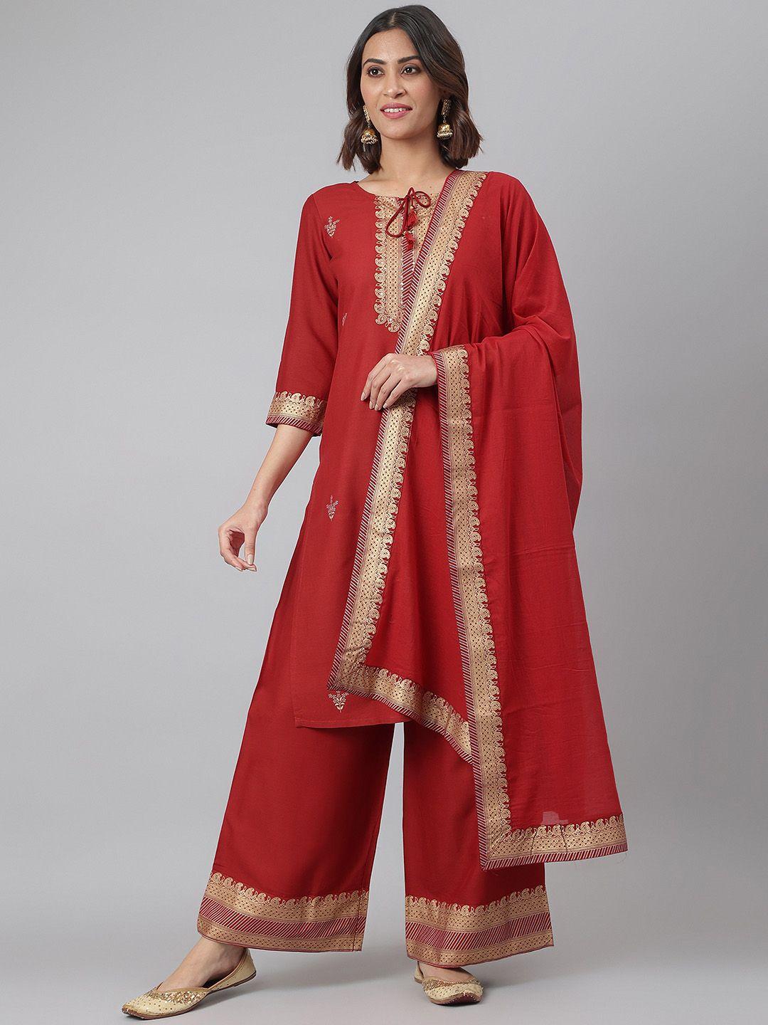 fusion threads women red ethnic printed kurta with palazzos & dupatta