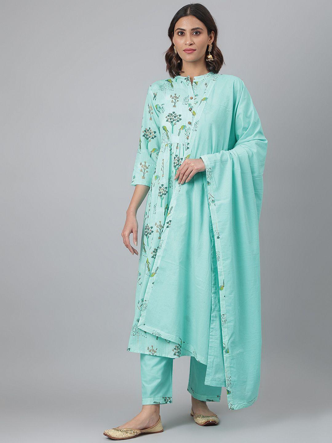 fusion threads women sea green ethnic printed pure cotton kurta with trousers & dupatta