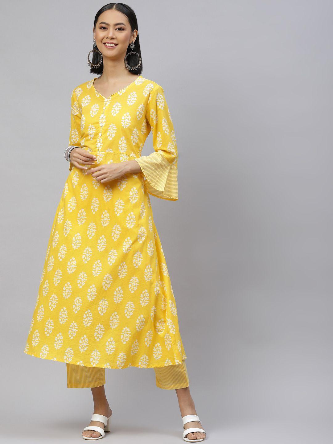 fusion threads women yellow ethnic motifs printed pure cotton kurta with palazzos