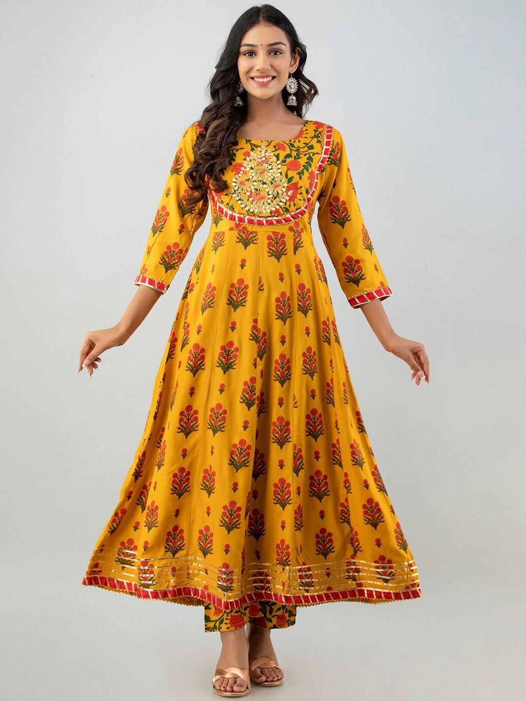 fusion threads women yellow floral printed empire kurta with trousers & dupatta