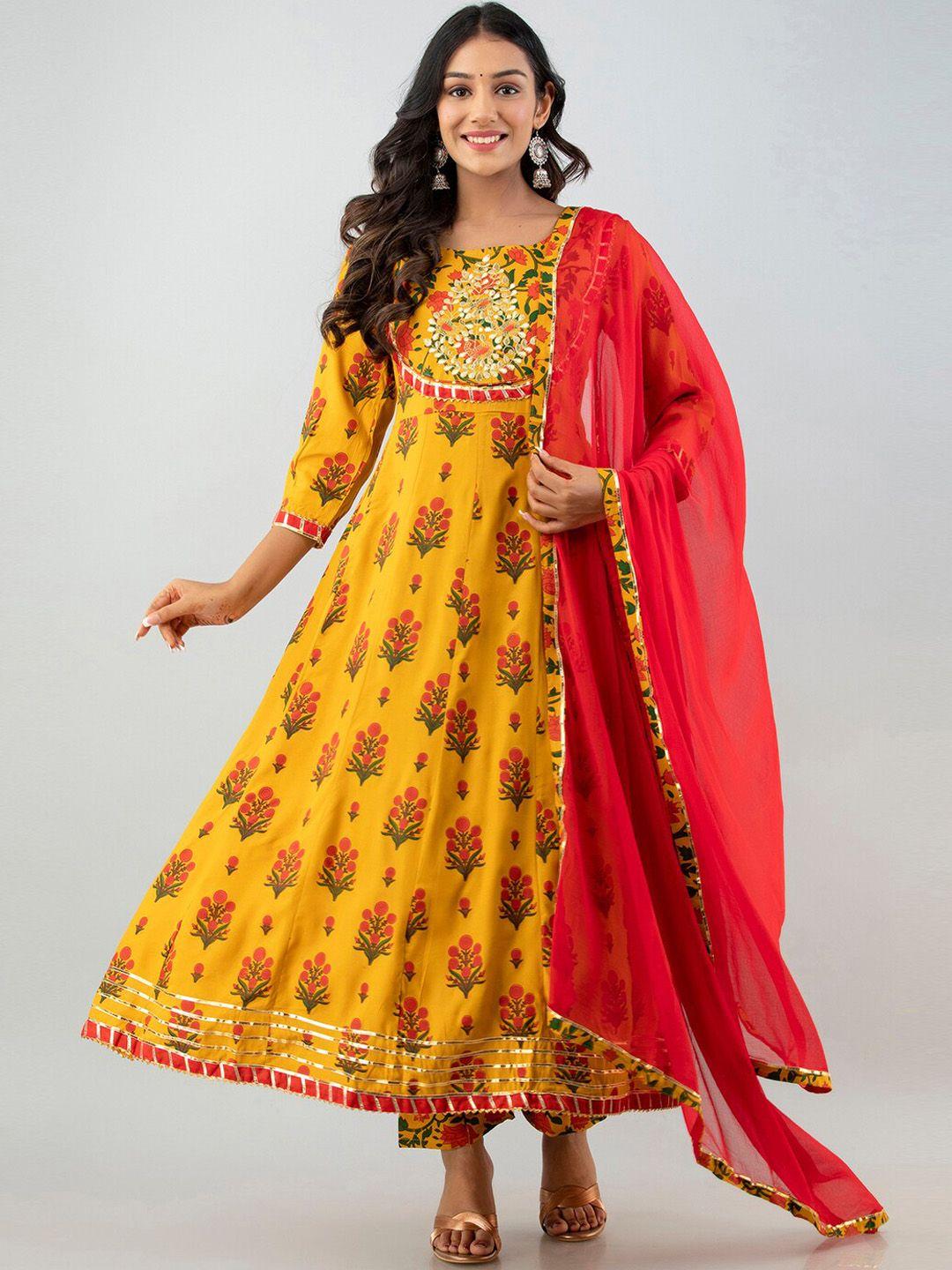 fusion threads women yellow floral printed empire kurta with trousers & with dupatta