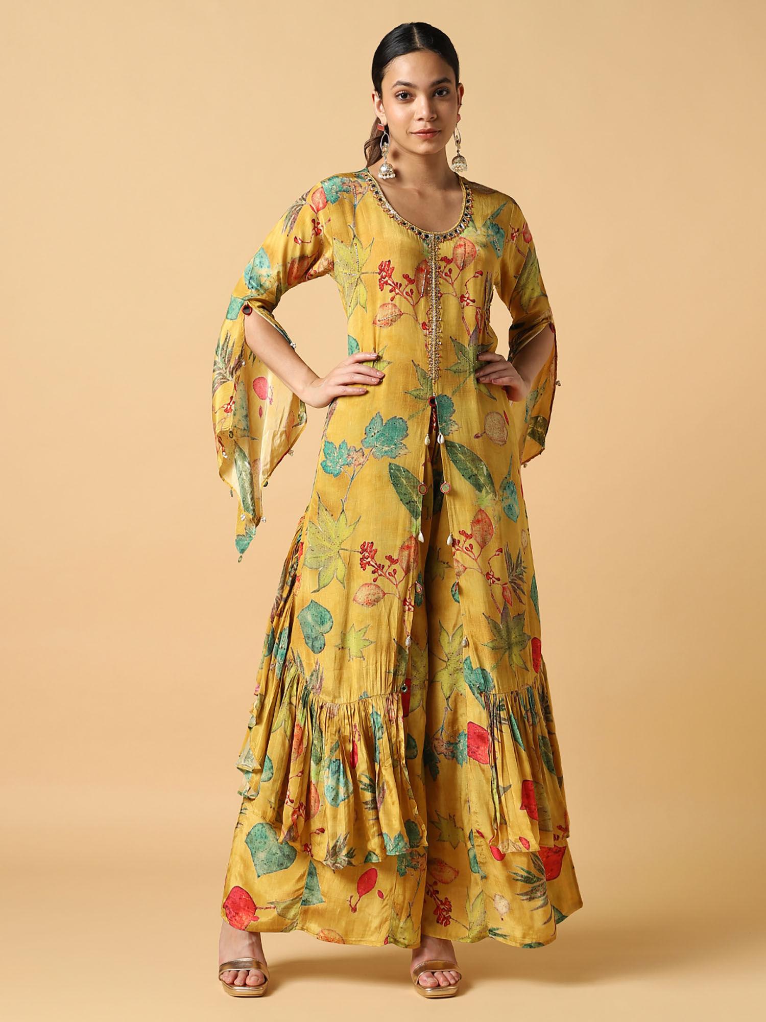 fusion yellow printed wear kurta with sharara pant (set of 2)