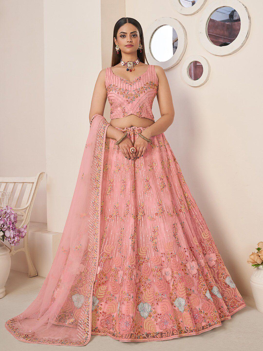 fusioni embellished thread work semi-stitched lehenga & unstitched blouse with dupatta