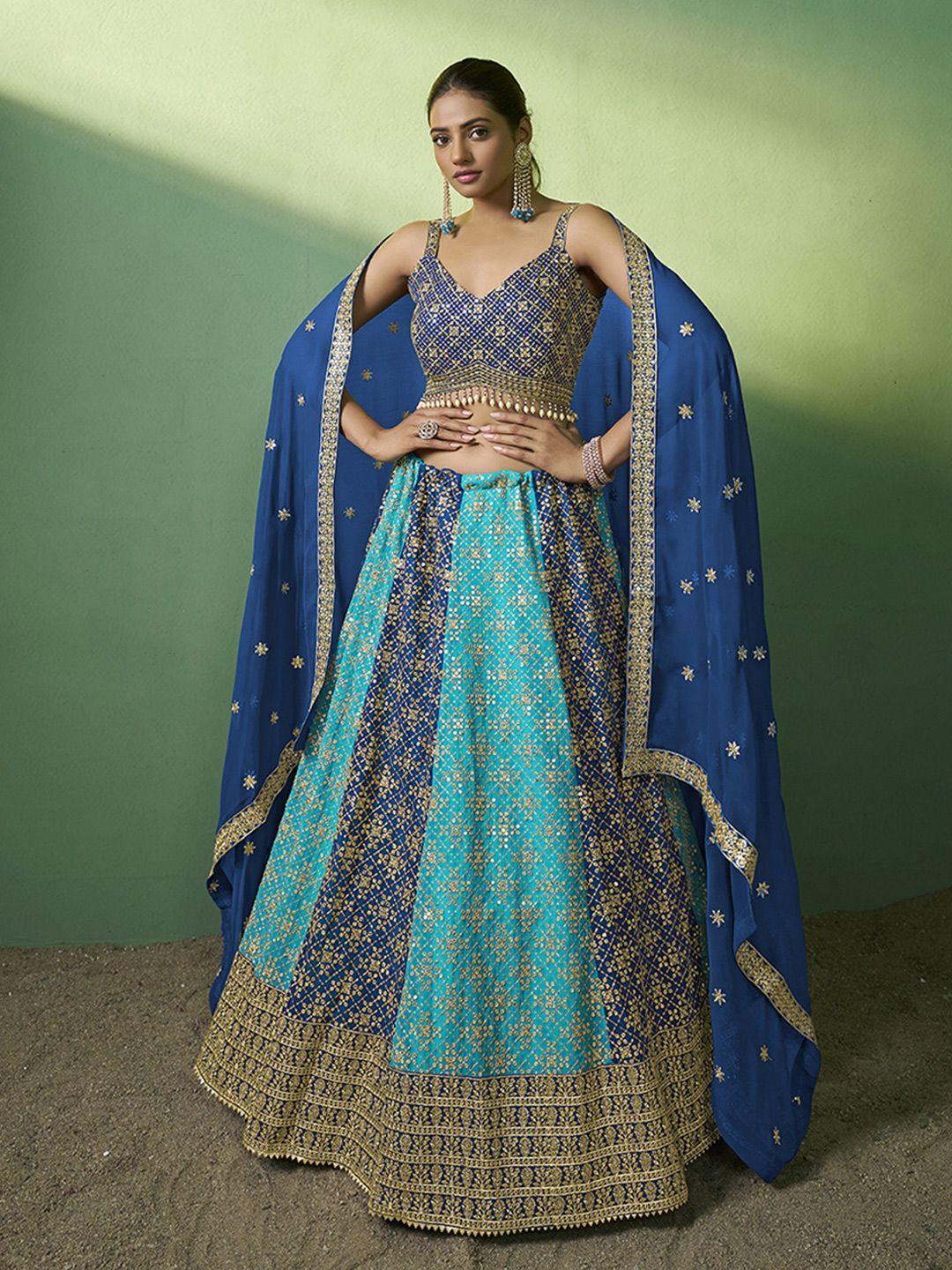 fusionic blue & gold-toned embellished sequinned semi-stitched lehenga & unstitched blouse with dupatta