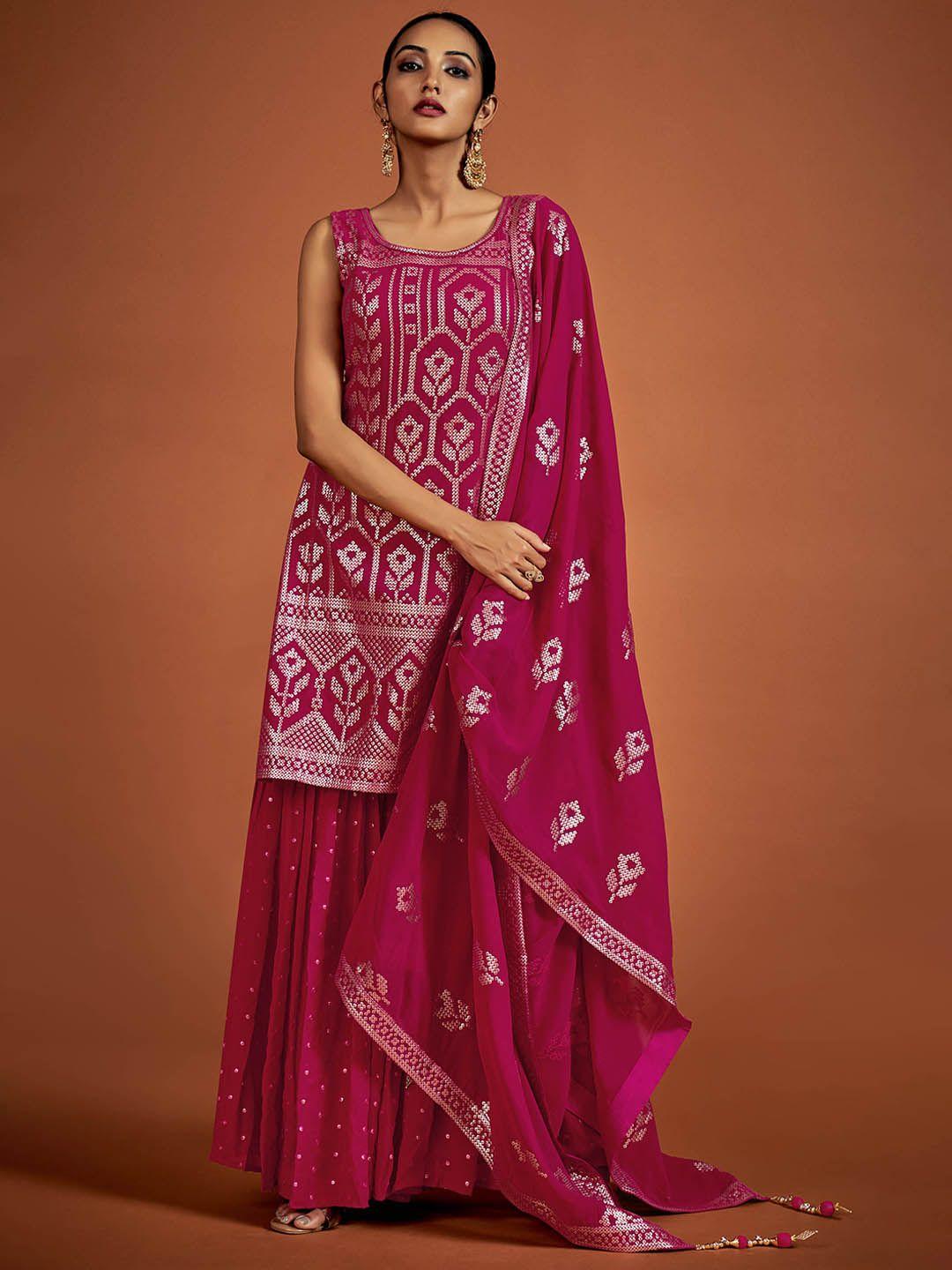 fusionic ethnic motifs embroidered sequined kurti with sharara & dupatta