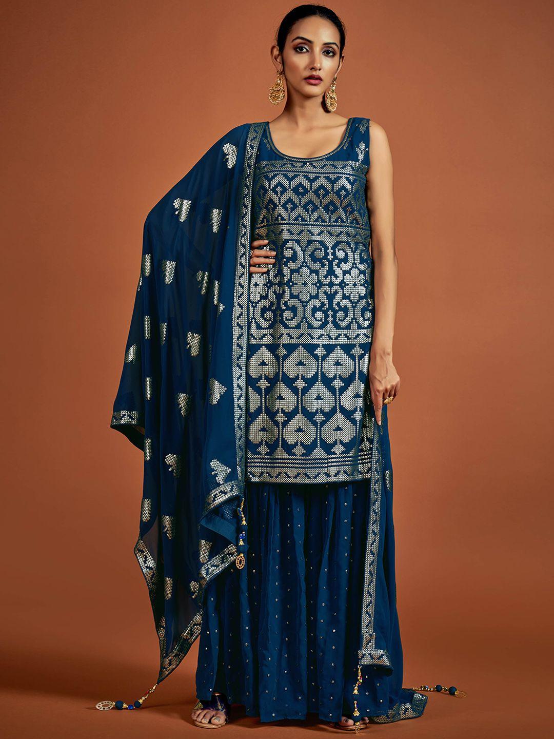 fusionic ethnic motifs embroidered sequined kurti with sharara & dupatta