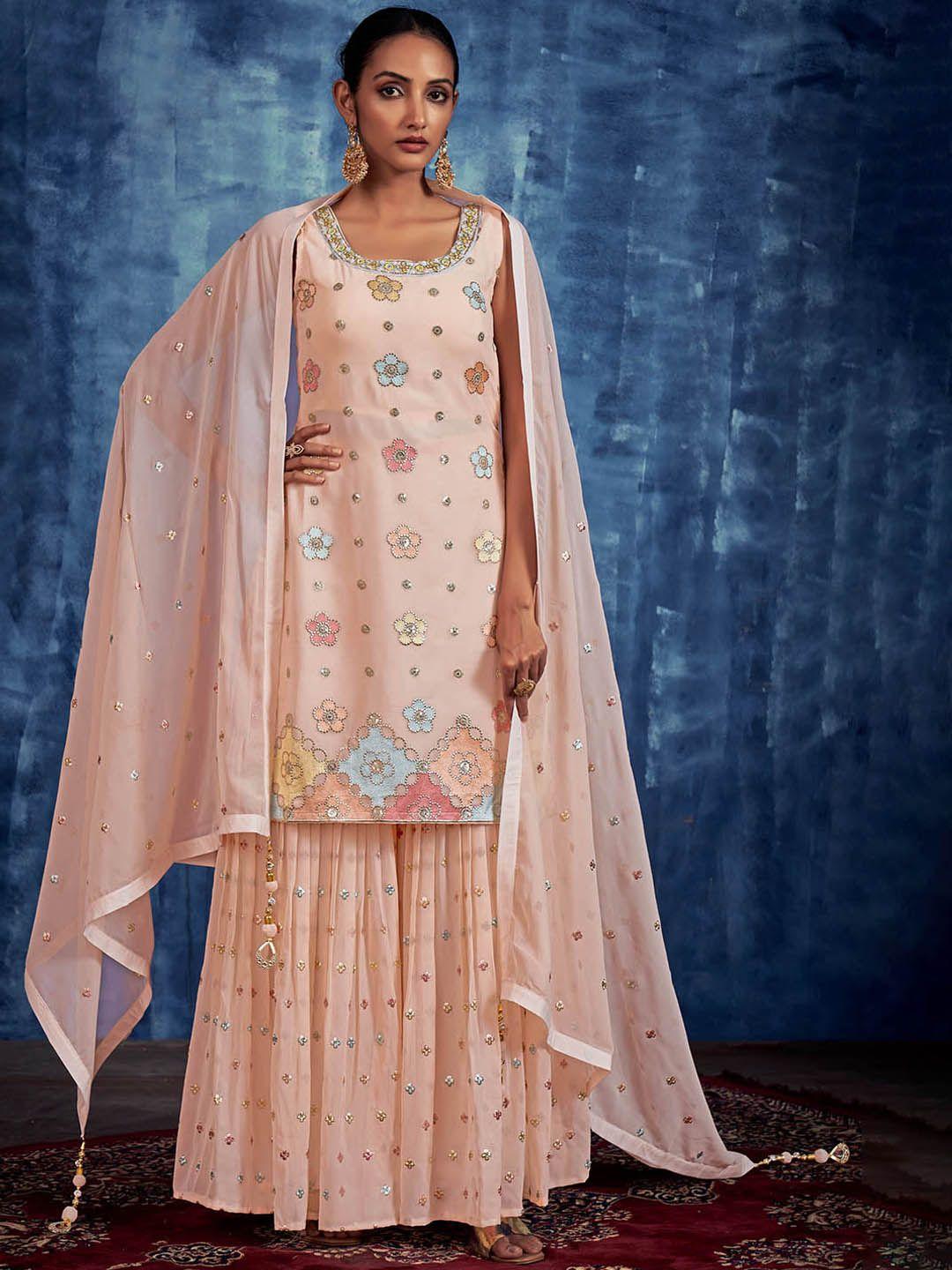 fusionic floral embroidered bead work  georgette kurta with sharara & dupatta