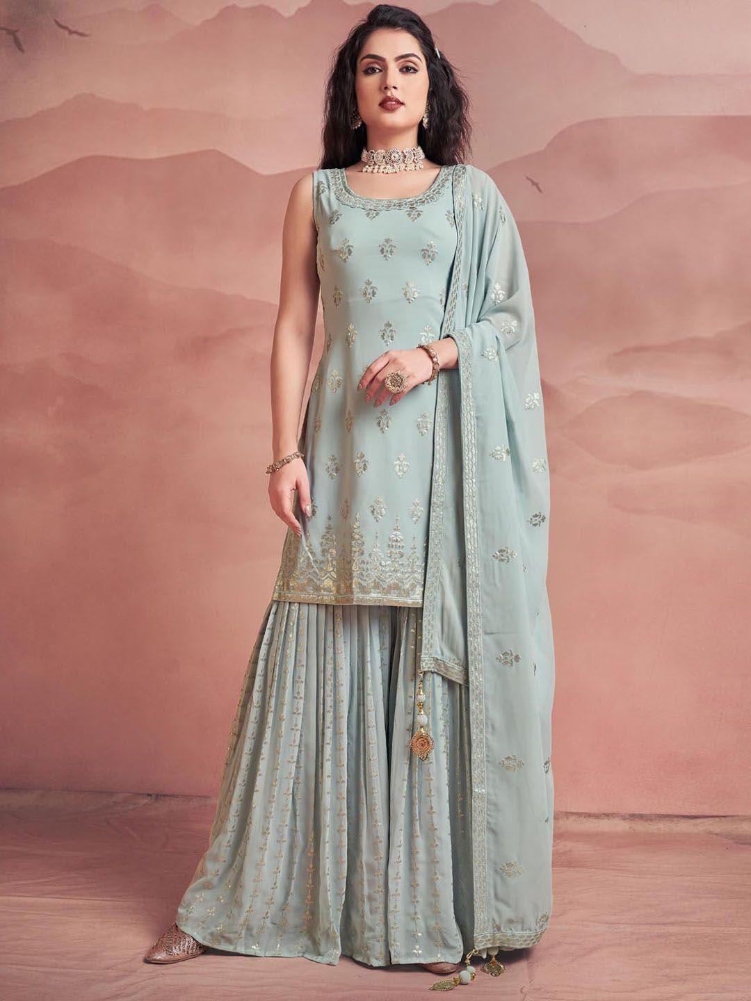 fusionic floral embroidered sequined georgette kurti with sharara & dupatta