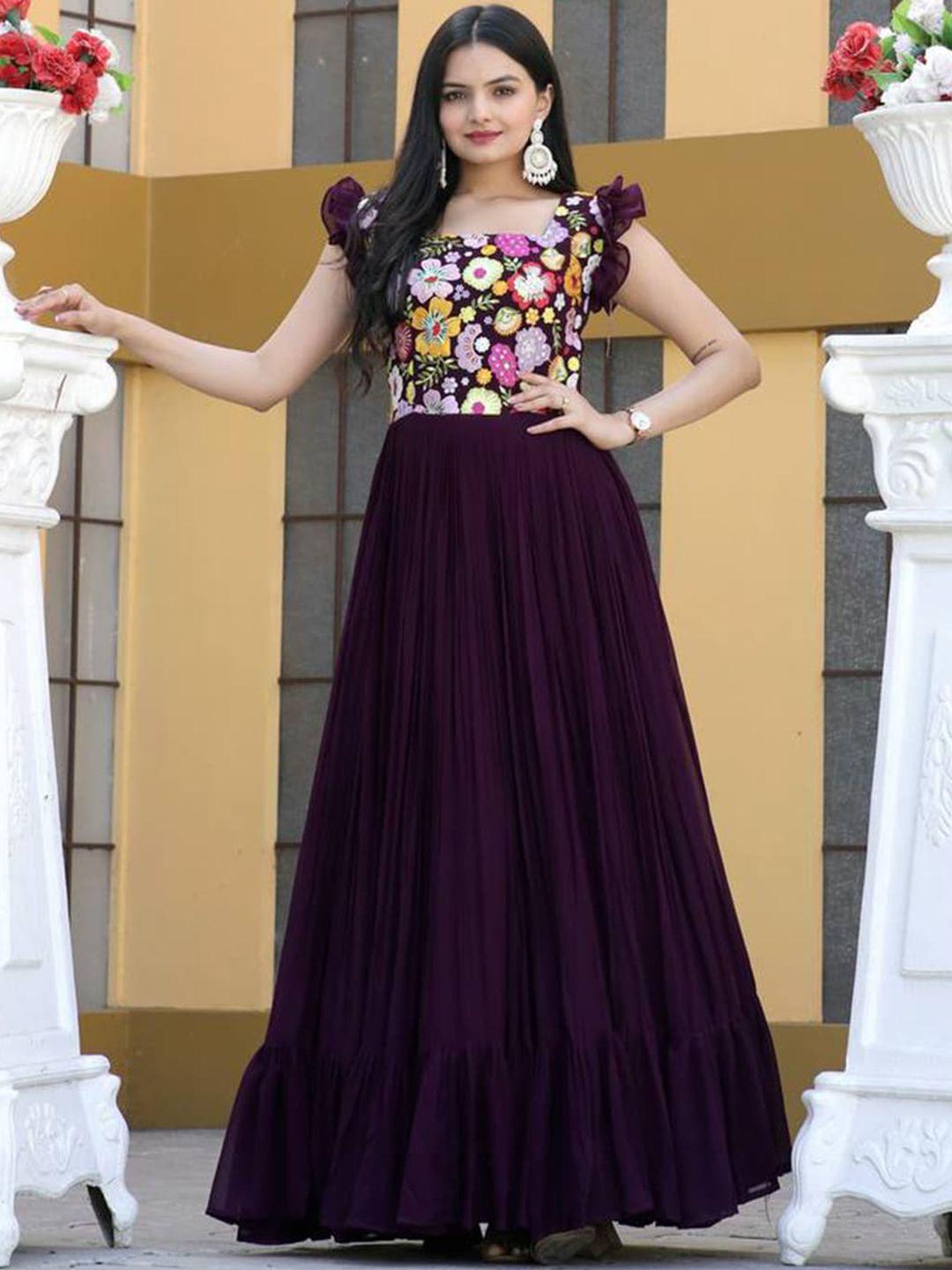 fusionic floral embroidered square neck georgette ruffles ethnic gown