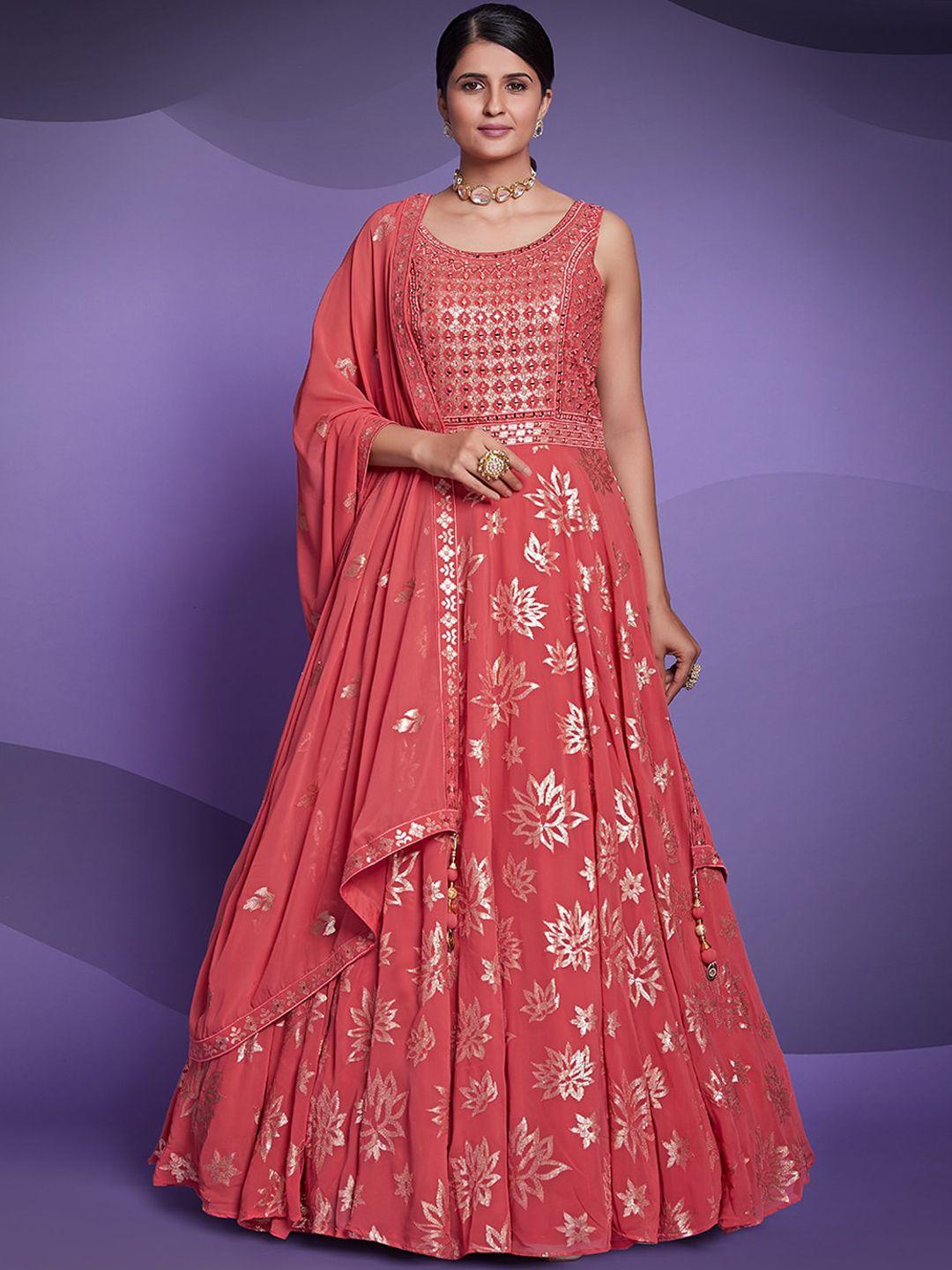 fusionic floral foil printed sequinned georgette ethnic dress with dupatta