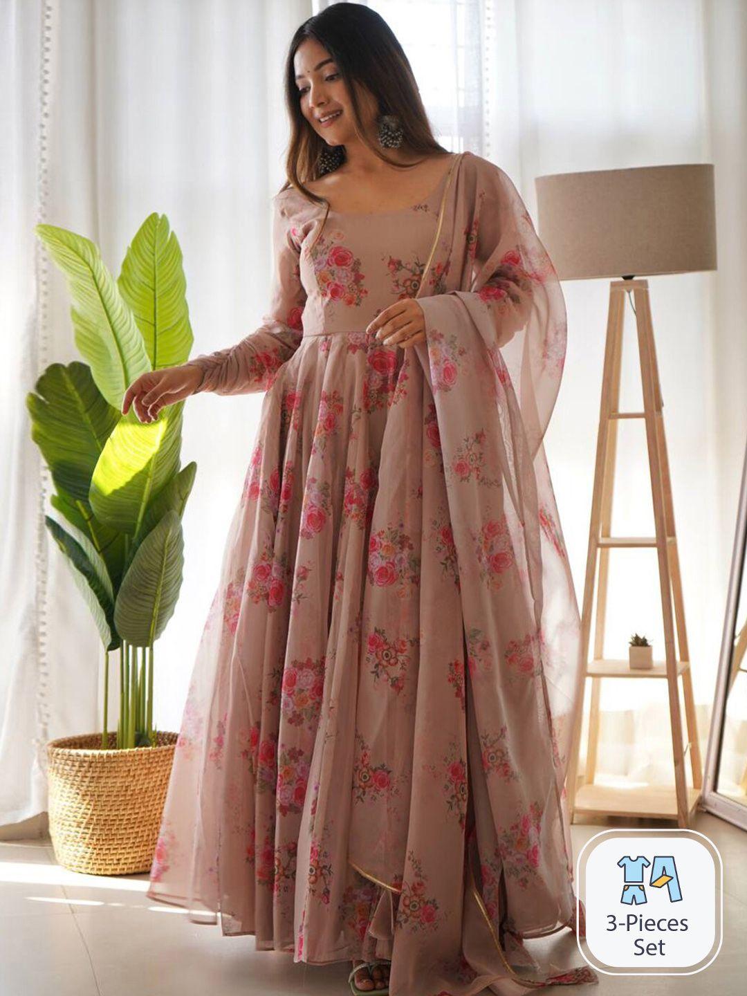 fusionic floral printed boat neck gown ethnic dresses with dupatta