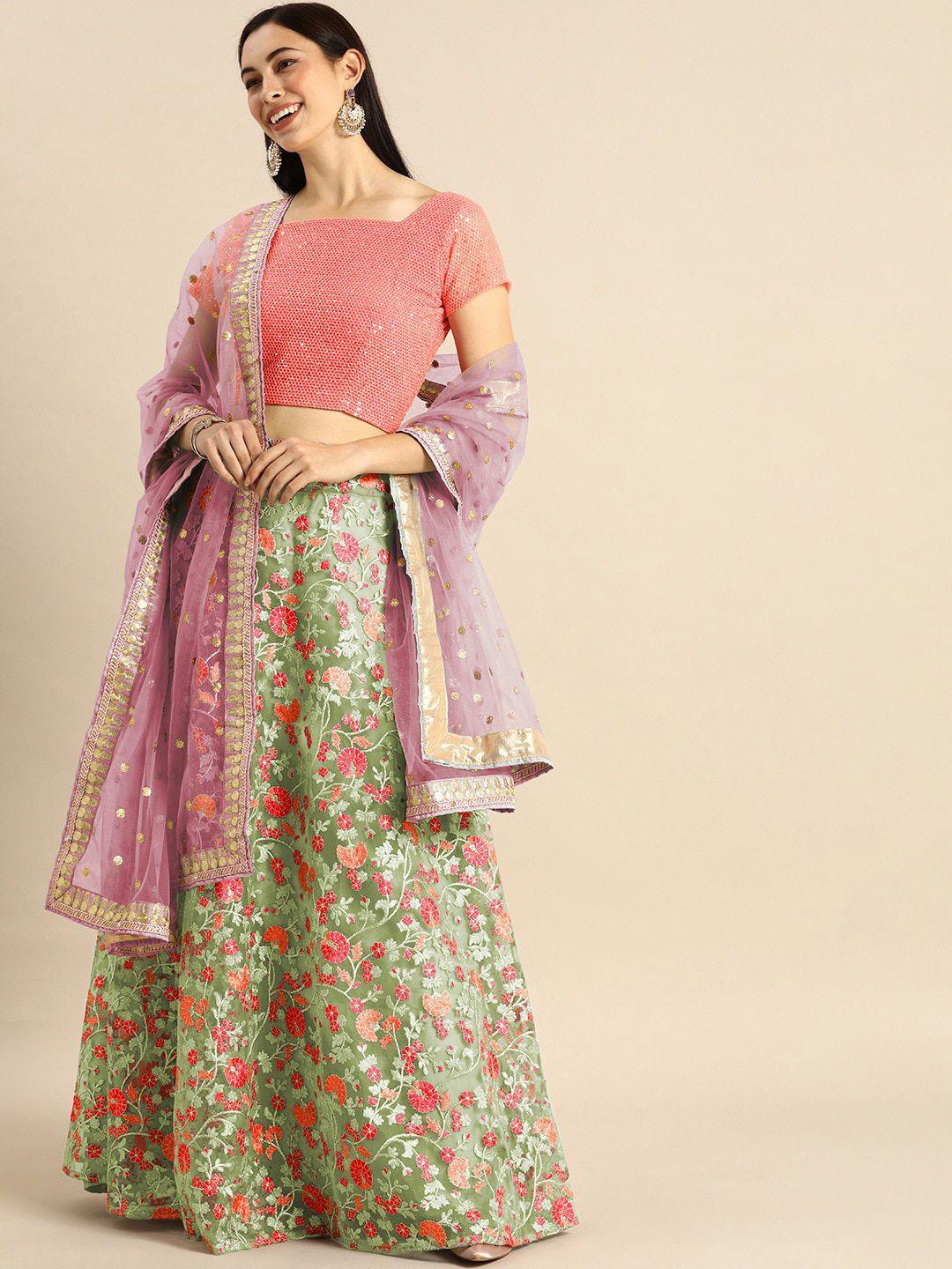fusionic green & pink embroidered thread work semi-stitched lehenga & unstitched blouse with dupatta