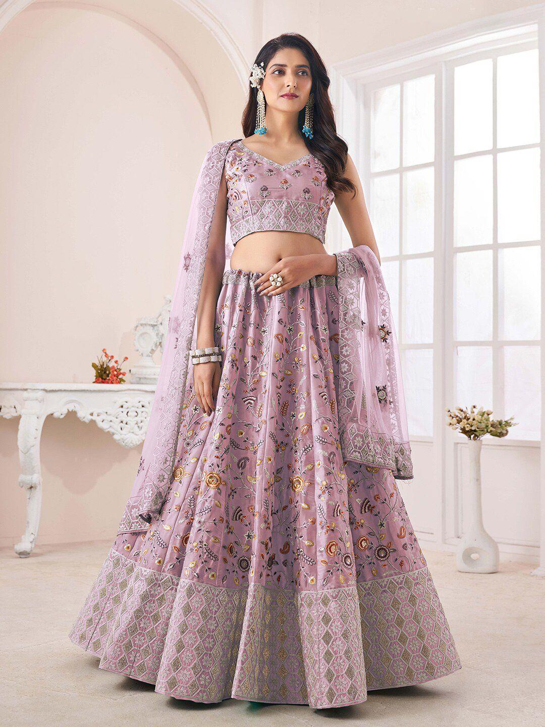 fusionic lavender & grey embroidered sequinned semi-stitched lehenga & unstitched blouse with dupatta