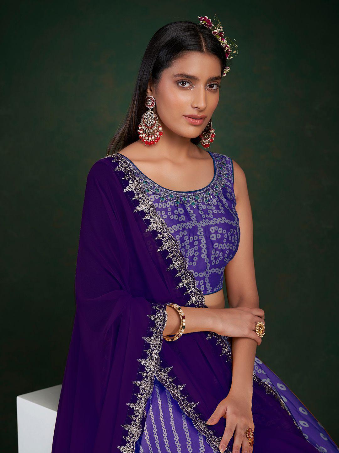 fusionic purple & white printed semi-stitched lehenga & unstitched blouse with dupatta