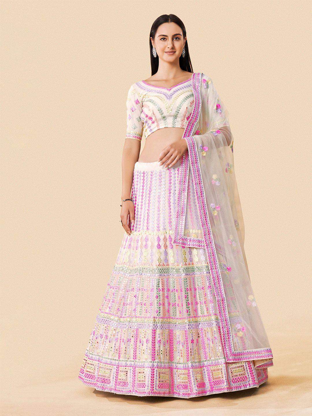 fusionic white & pink embellished thread work semi-stitched lehenga & unstitched blouse with dupatta