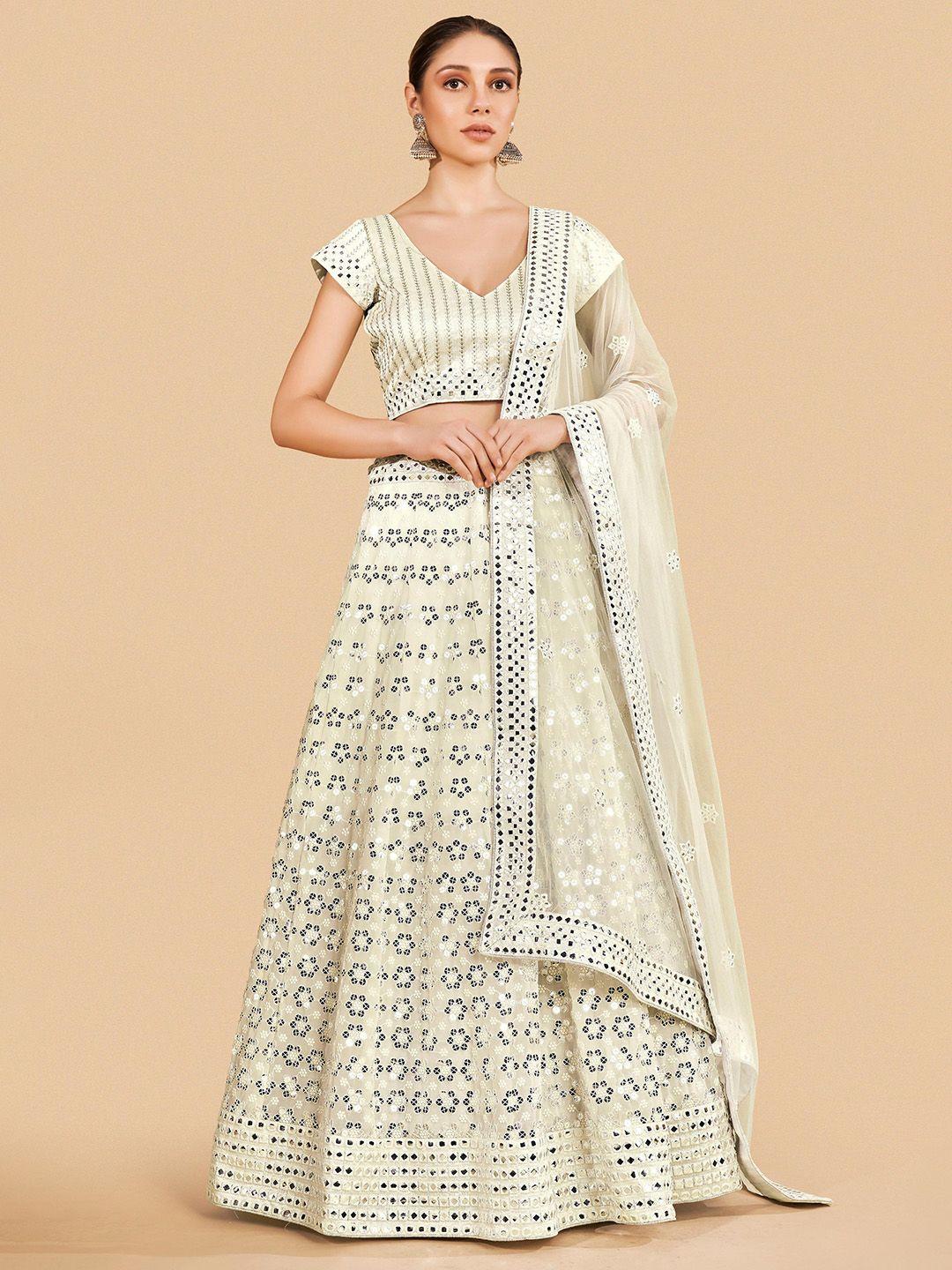fusionic white & silver-toned embroidered sequinned semi-stitched lehenga & unstitched blouse with dupatta