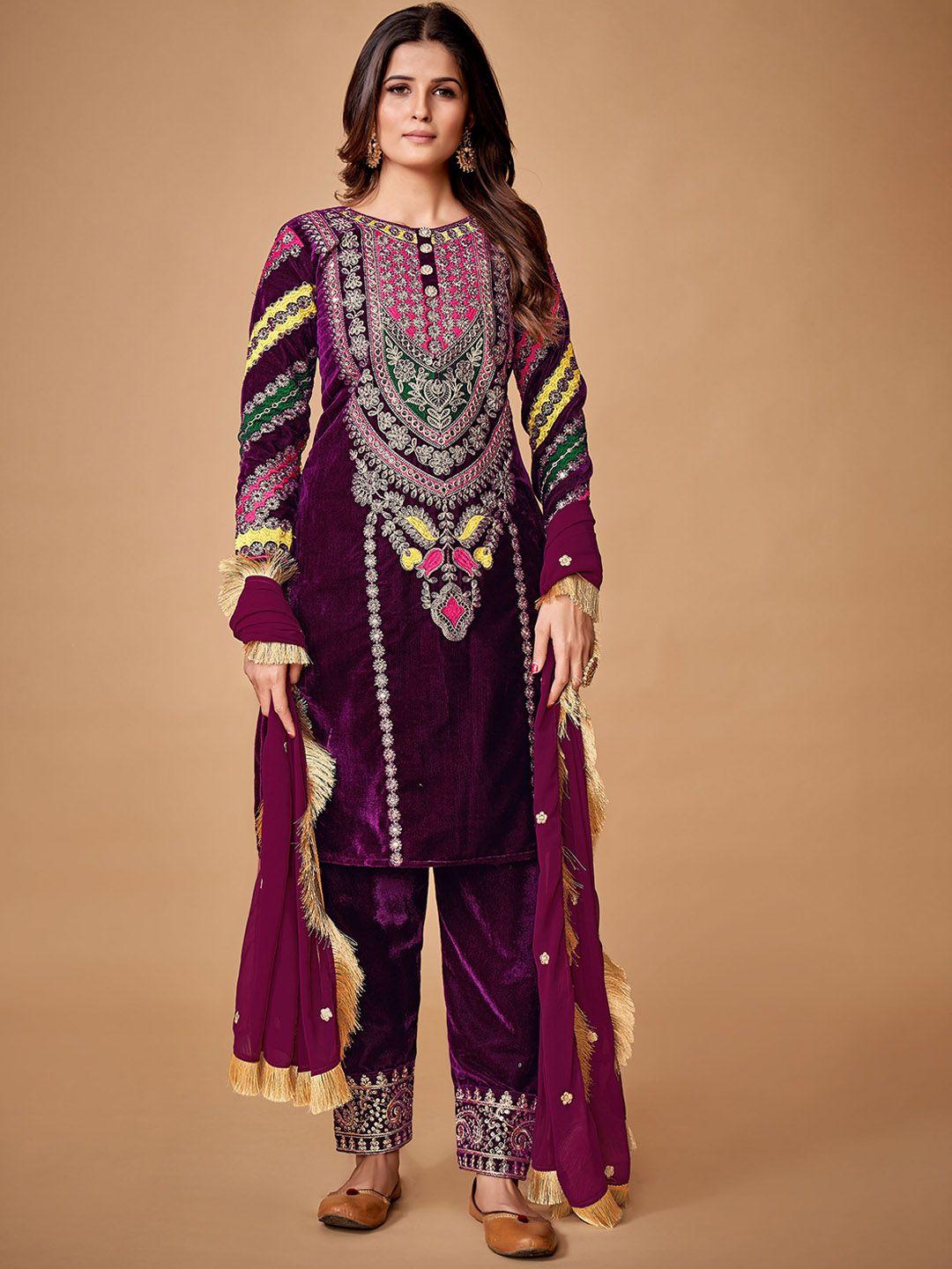 fusionic women floral embroidered thread work velvet kurta with trousers & dupatta