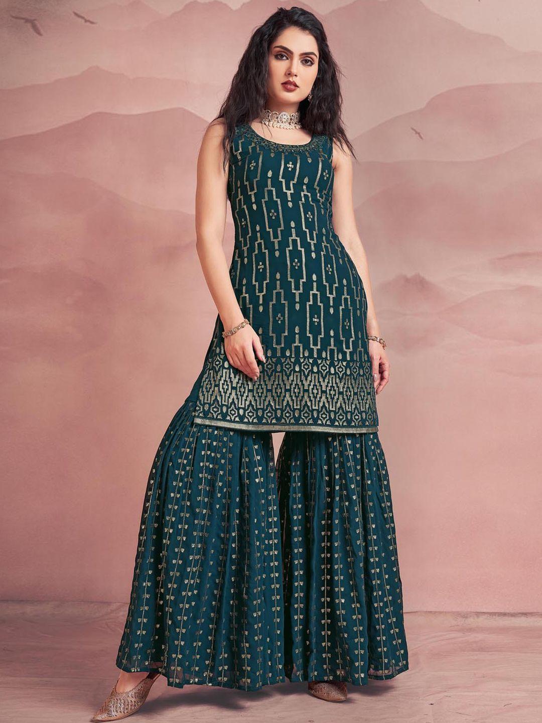 fusionic women teal ethnic motifs embroidered regular sequinned top with sharara & with dupatta