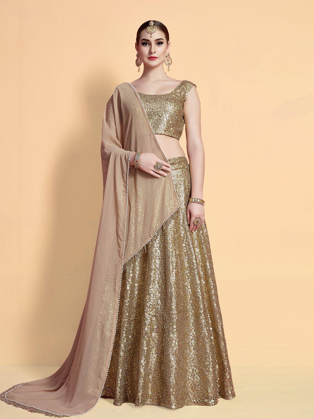 fusionic beige & gold-toned embroidered sequinned semi-stitched lehenga & unstitched blouse with dupatta