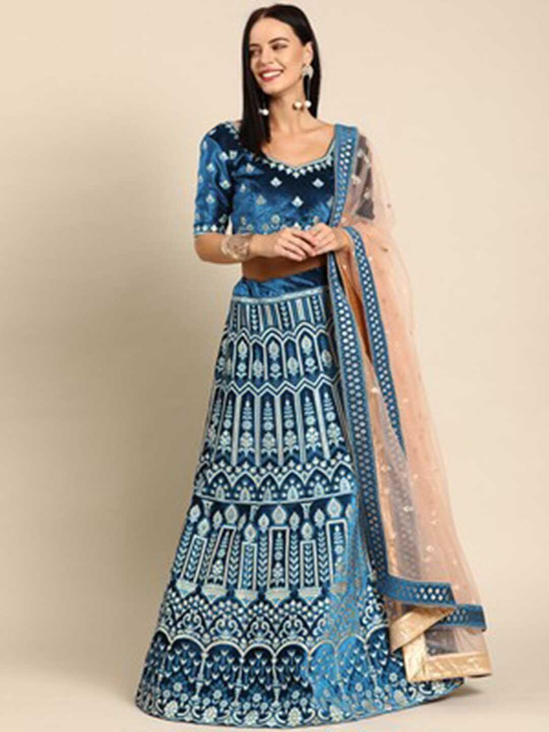 fusionic blue & peach-coloured embroidered thread work semi-stitched lehenga & unstitched blouse with