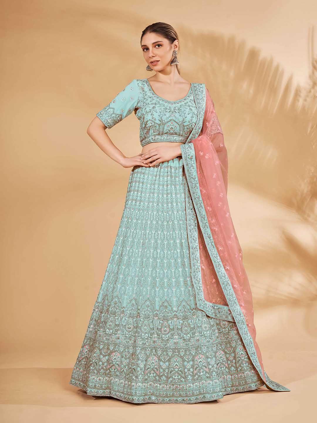 fusionic blue & pink embroidered semi-stitched lehenga & unstitched blouse with dupatta