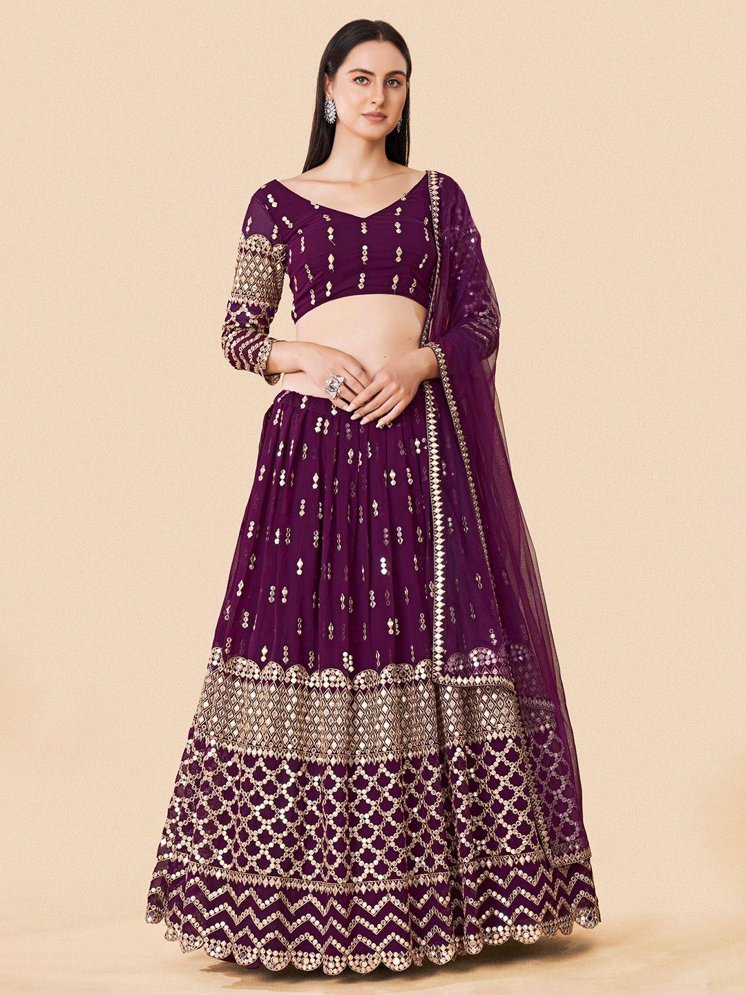 fusionic burgundy & gold-toned embroidered semi-stitched lehenga & unstitched blouse with dupatta