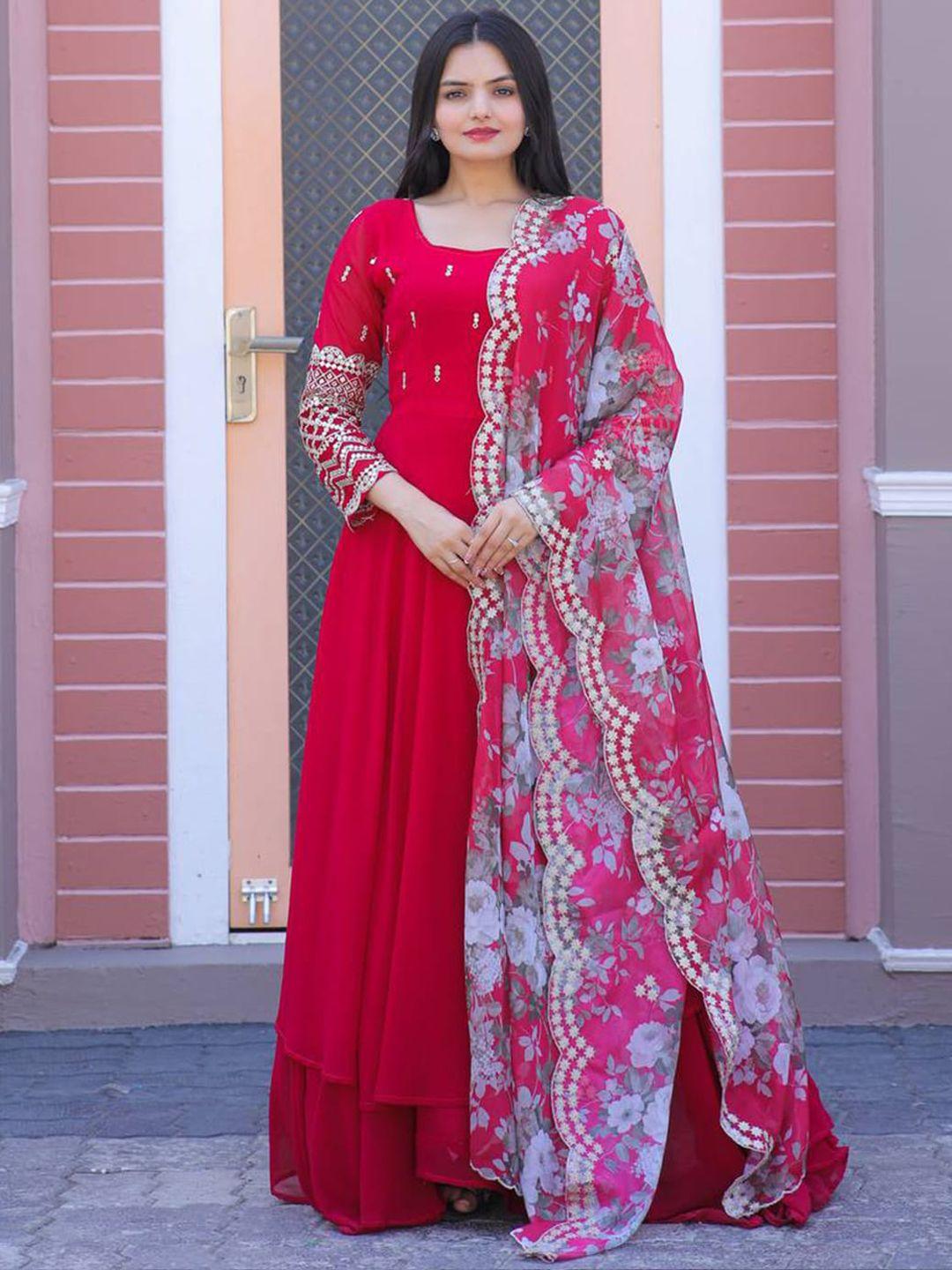 fusionic embellished georgette ethnic wear gown with printed dupatta
