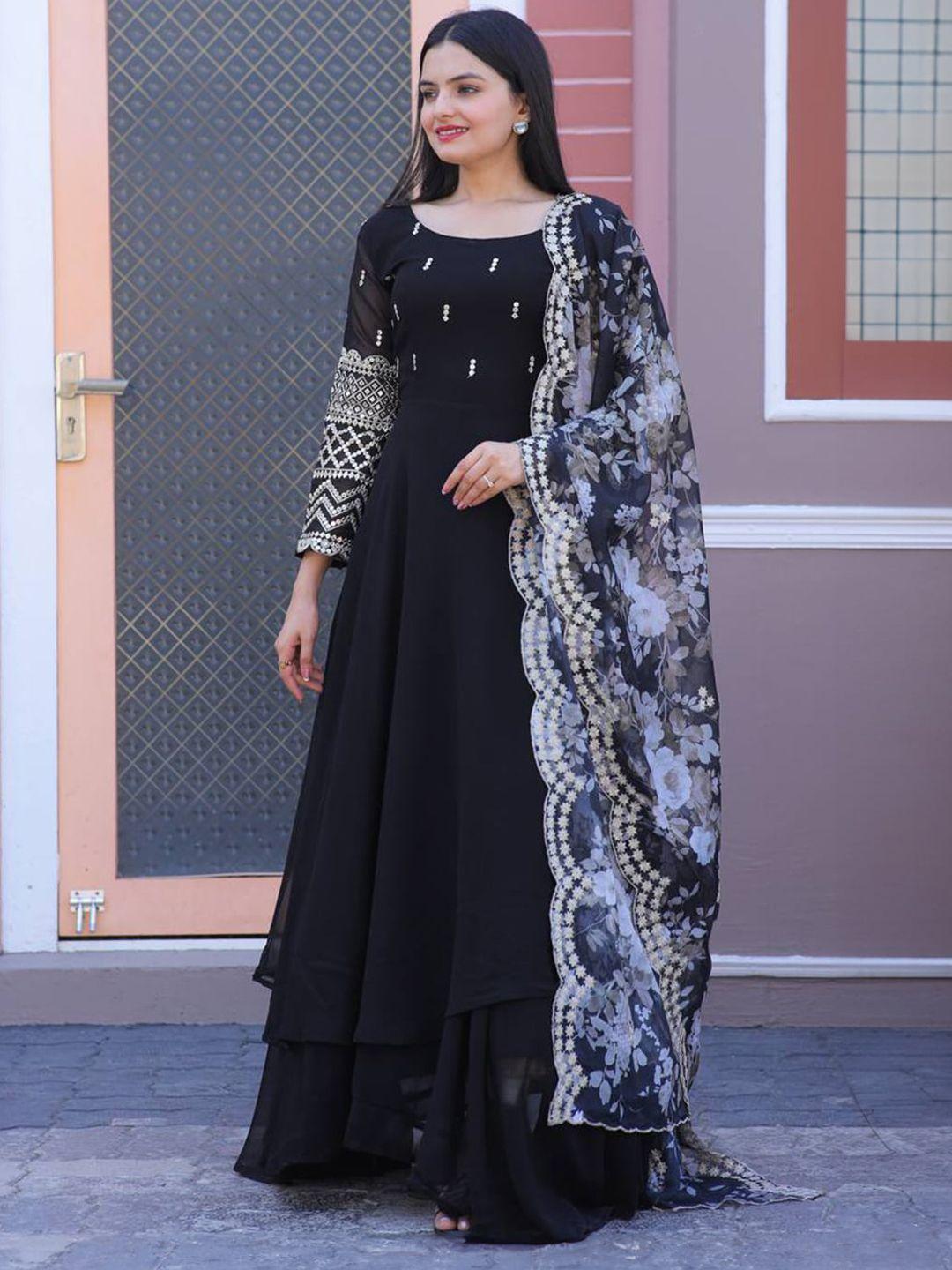 fusionic embellished georgette ethnic wear gown with printed dupatta