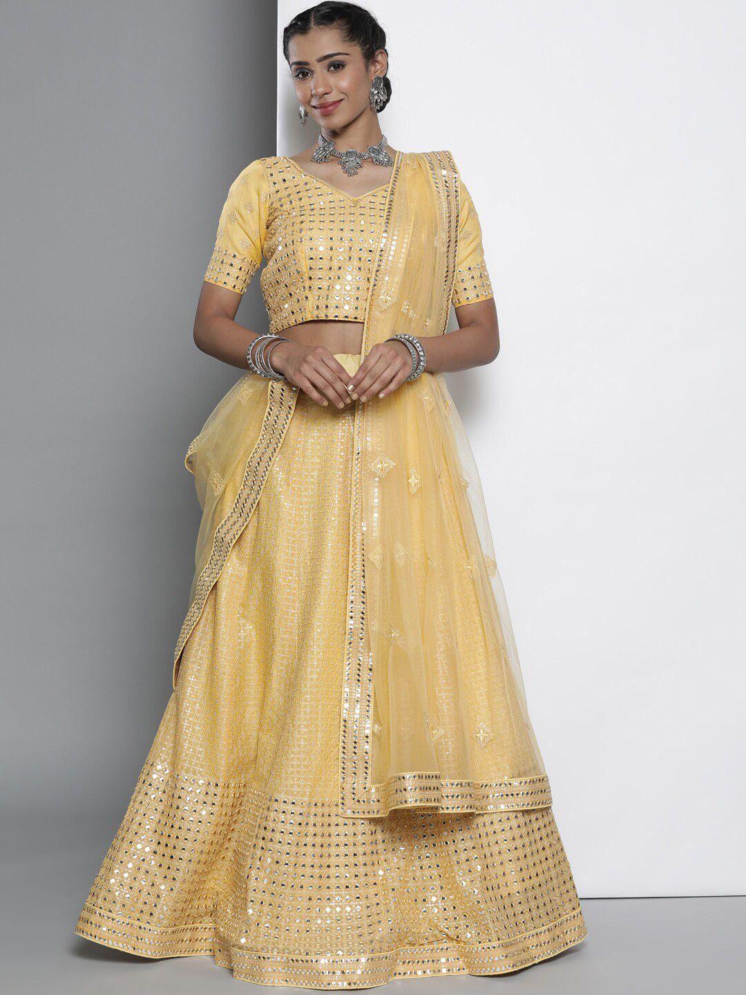 fusionic embroidered mirror work semi-stitched lehenga & unstitched blouse with dupatta