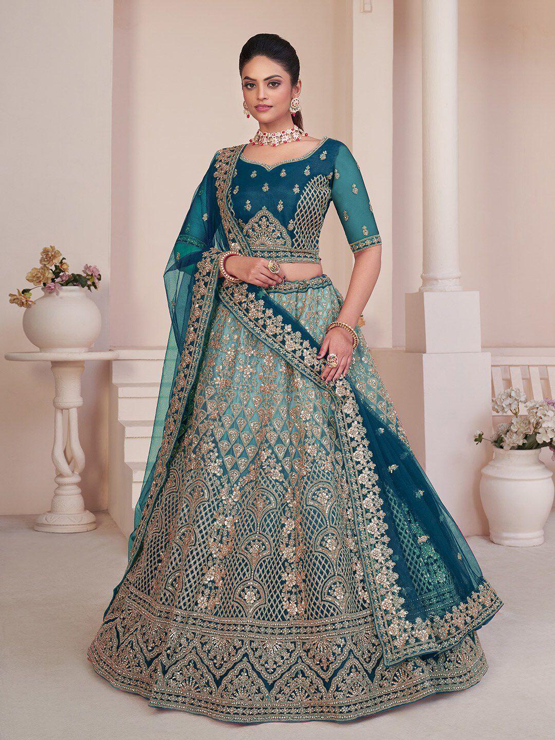 fusionic embroidered sequinned net semi-stitched lehenga & unstitched blouse with dupatta