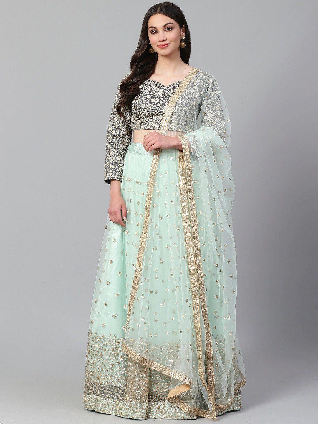 fusionic embroidered sequinned semi-stitched lehenga & unstitched blouse with dupatta