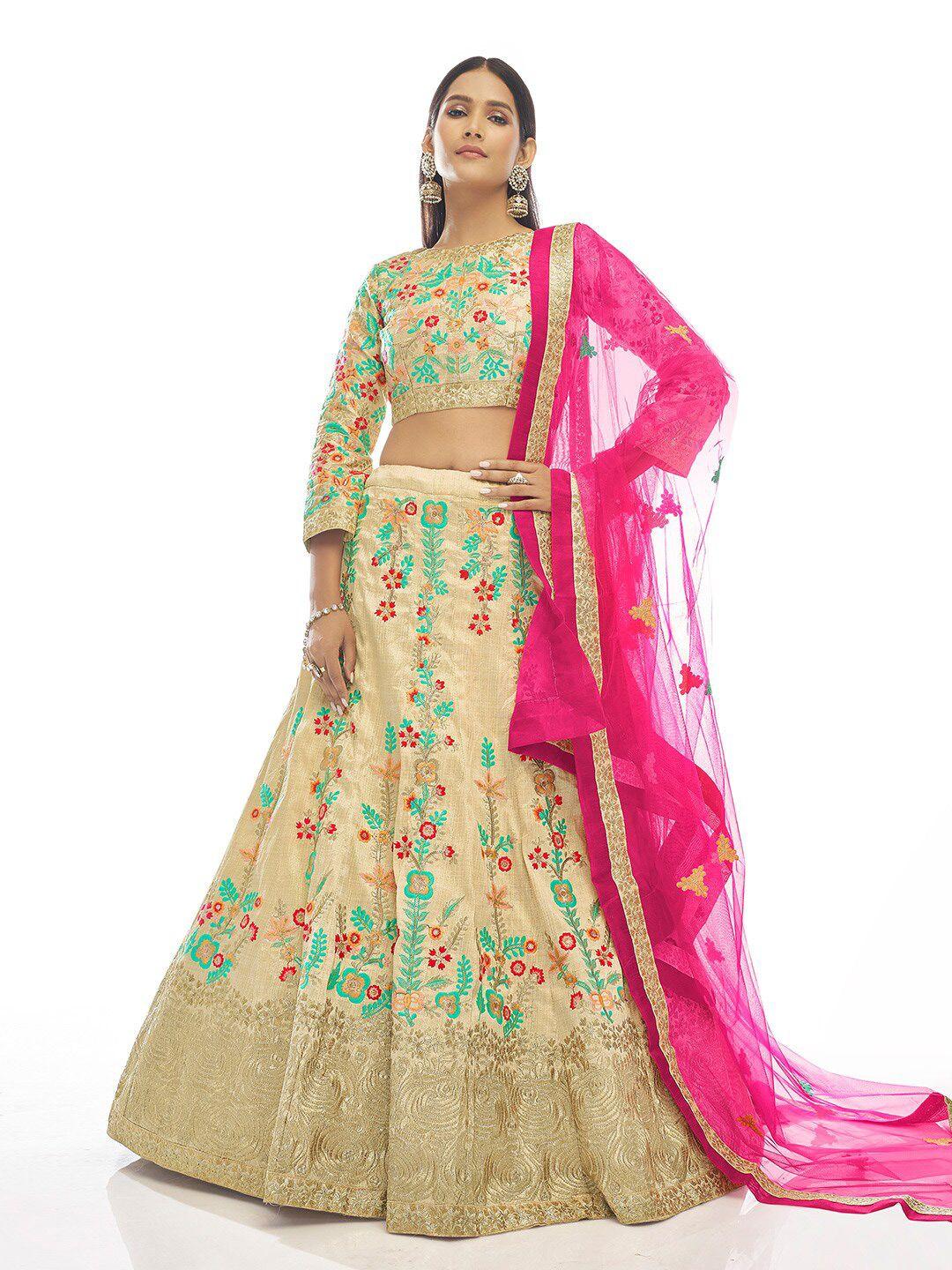 fusionic embroidered thread work semi-stitched lehenga & unstitched blouse with dupatta