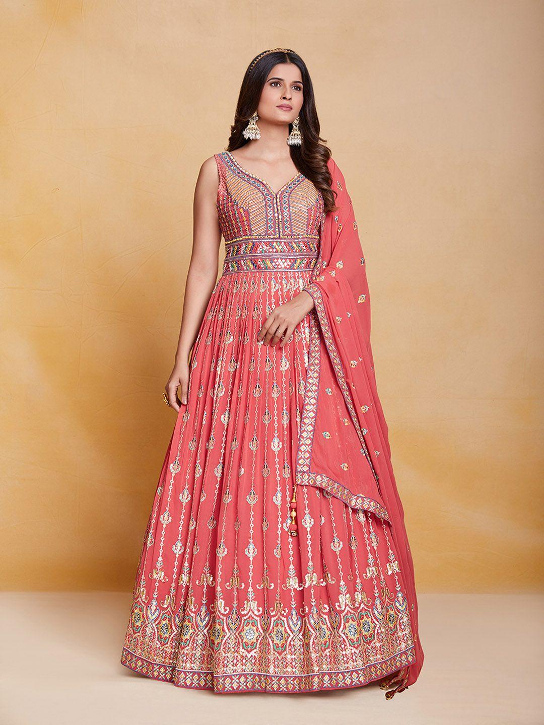 fusionic ethnic motif embroidered georgettesweetheart neck sequinned ethnic dress &dupatta