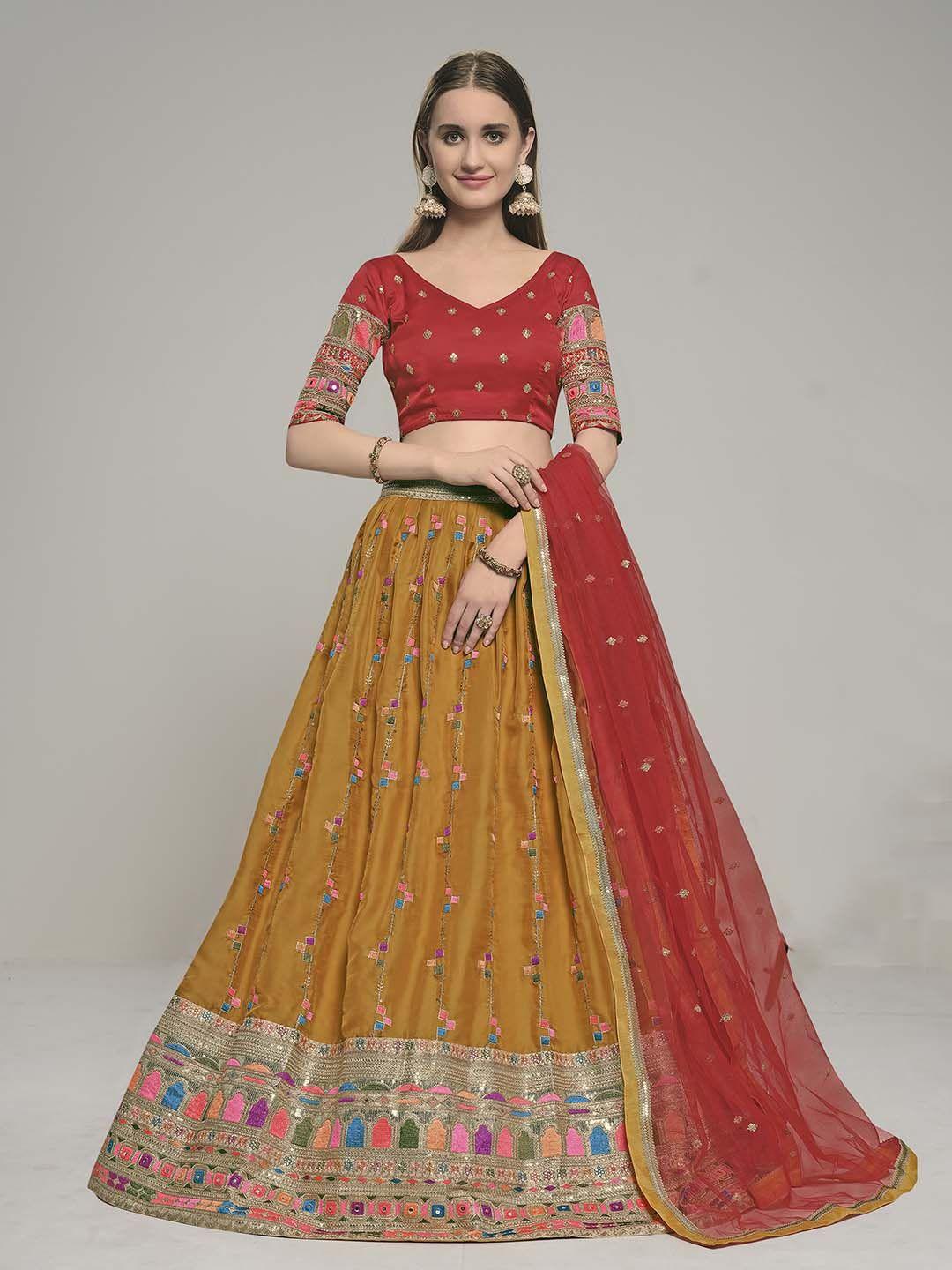 fusionic ethnic motif embroidered semi-stitched lehenga & unstitched blouse with dupatta